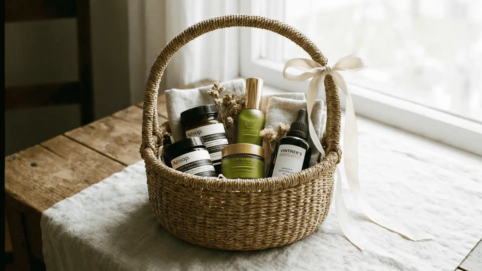 Minimal skincare gift basket with neat arrangement