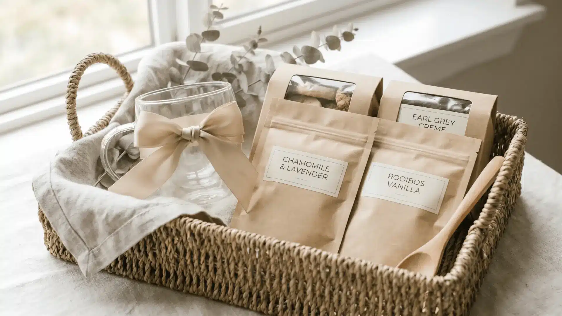 Minimal tea gift basket with clean aesthetic