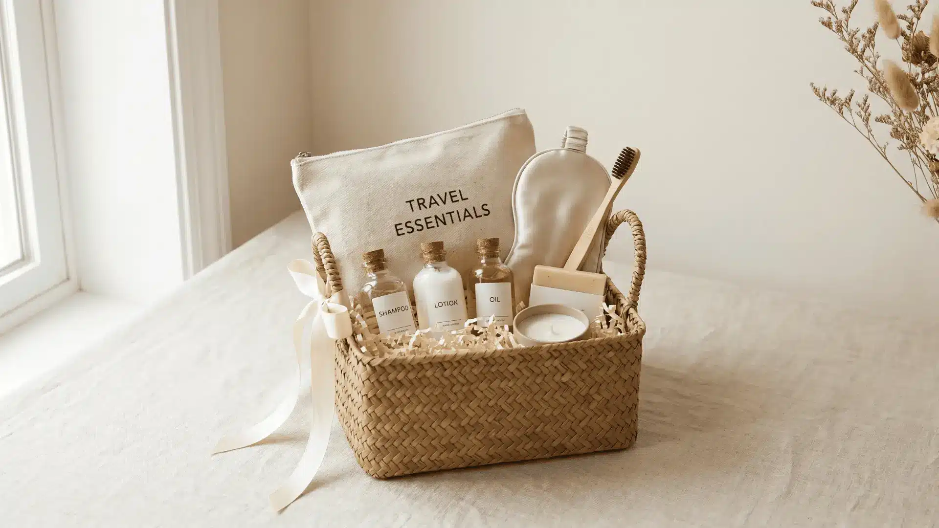 Minimal travel gift basket with neatly arranged essentials and soft neutral styling