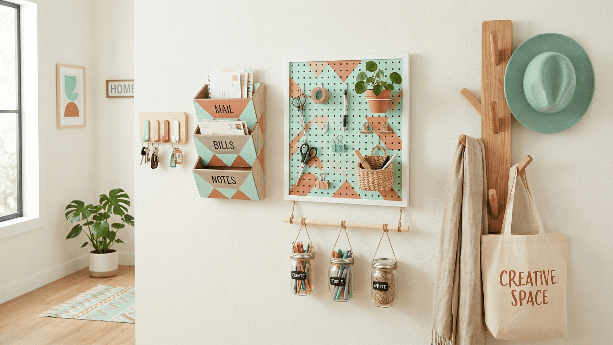 modern diy functional decor collage with key holder, mail organizer, pegboard, mason jars and coat rack