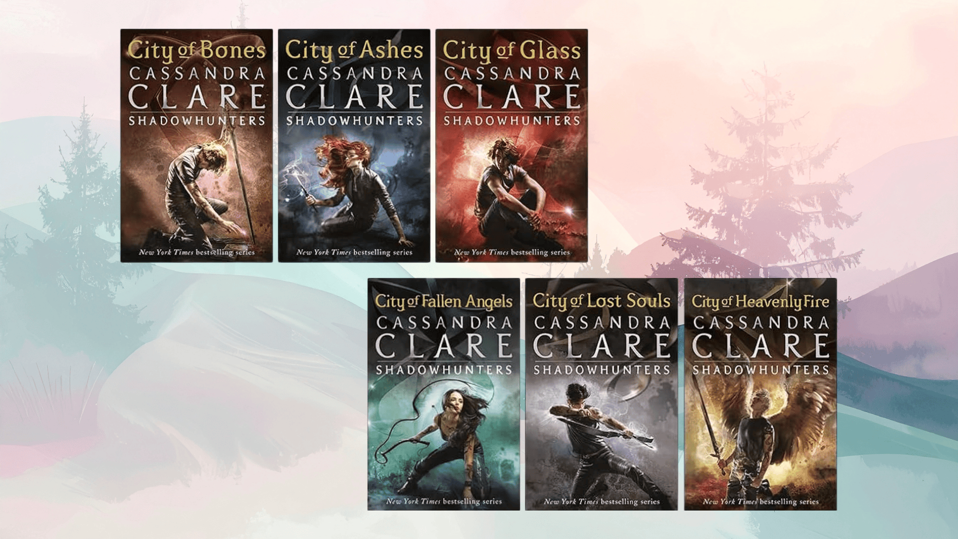 mortal instruments books by cassandra clare with glowing runes and action poses against dramatic backgrounds