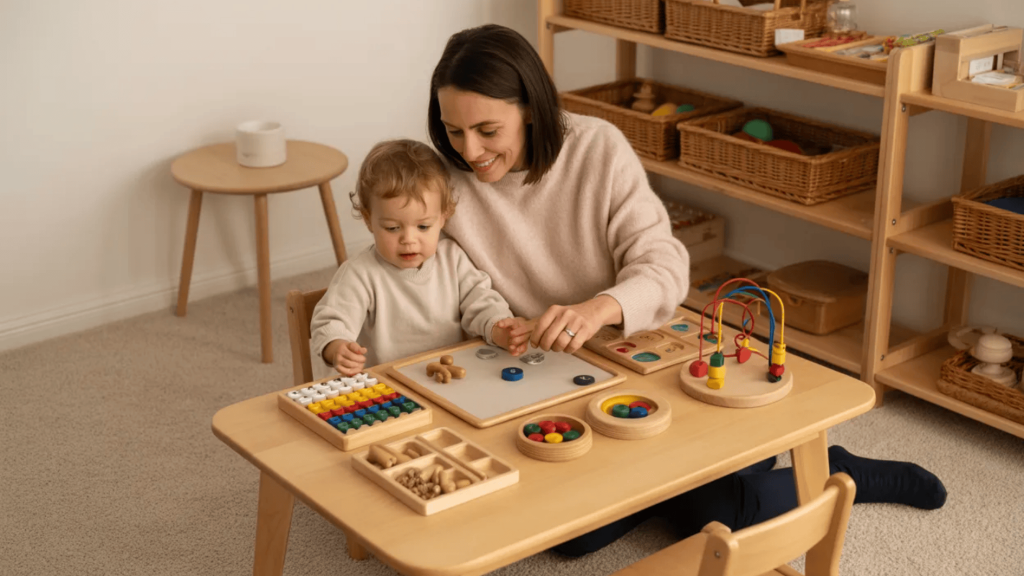 mother and toddler sit at table using educational toys, focused playtime with sorting and counting activities