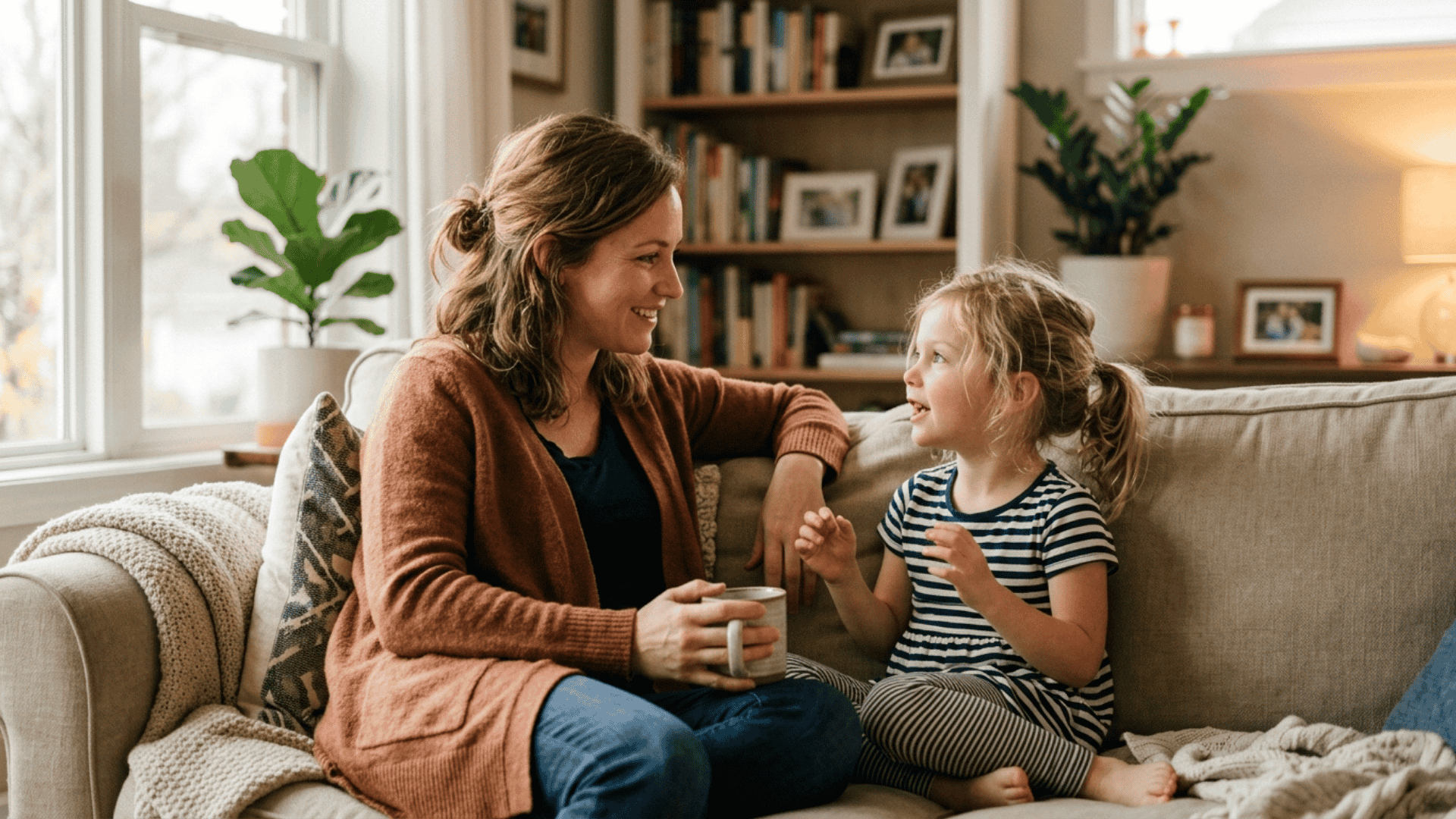 mother creating a safe space for child to talk about feelings openly during a calm conversation at home