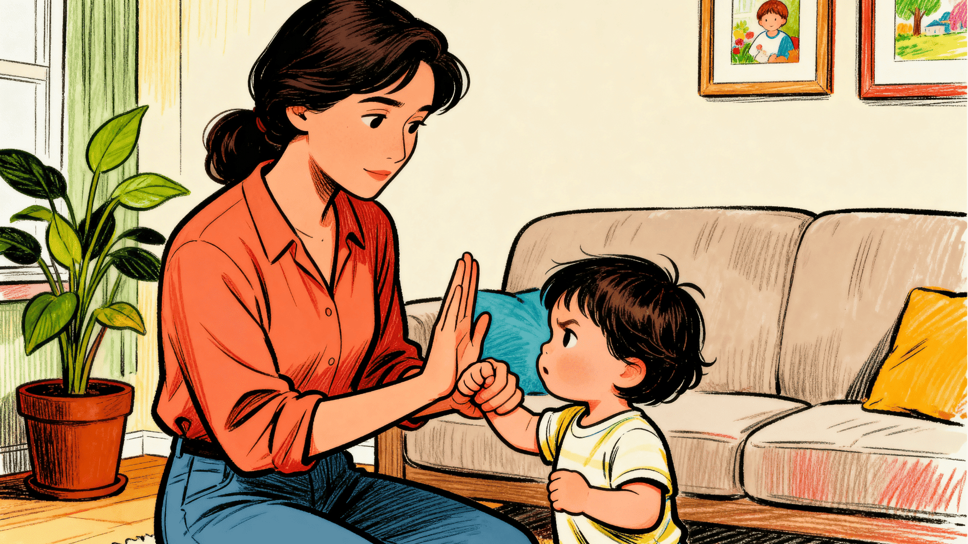 mother gently sets a boundary with toddler at home, holding up hand calmly while child reaches toward her