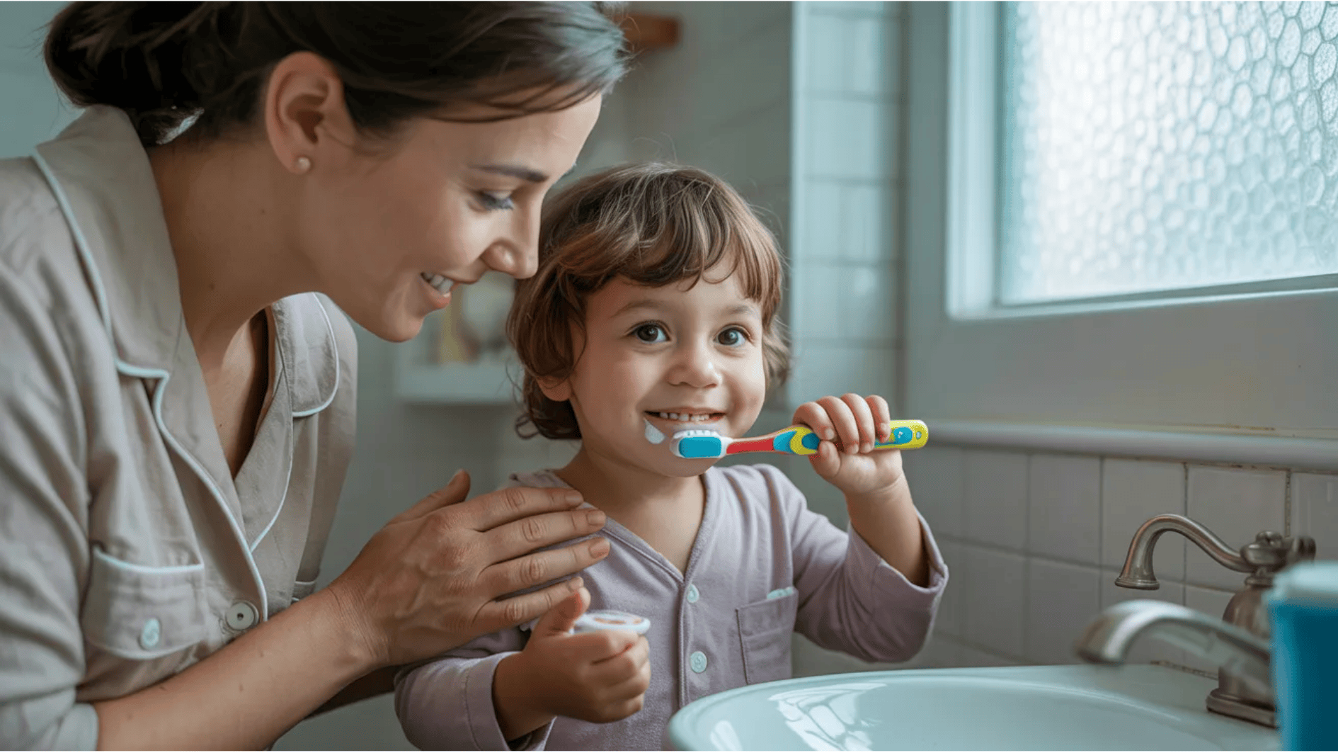 mother helps smiling child brush teeth at bathroom sink, gentle morning routine with natural light and care
