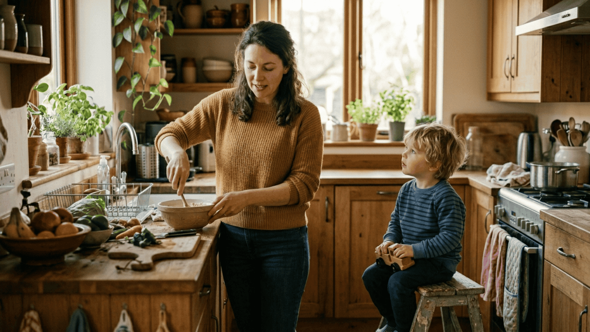 mother modeling positive self talk daily while young child observes her in a warm home setting