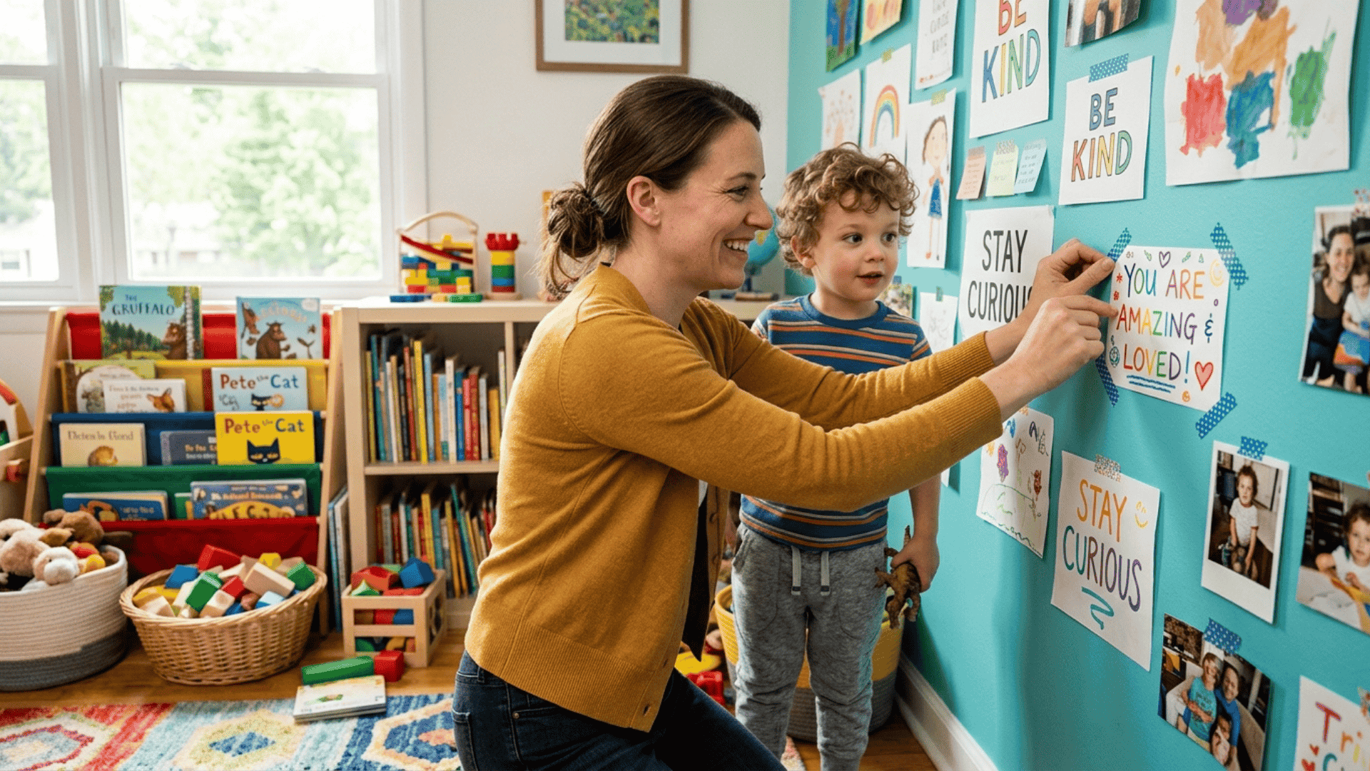 mother sticking affirmation notes on playroom wall while child watches, building a daily affirmations routine at home