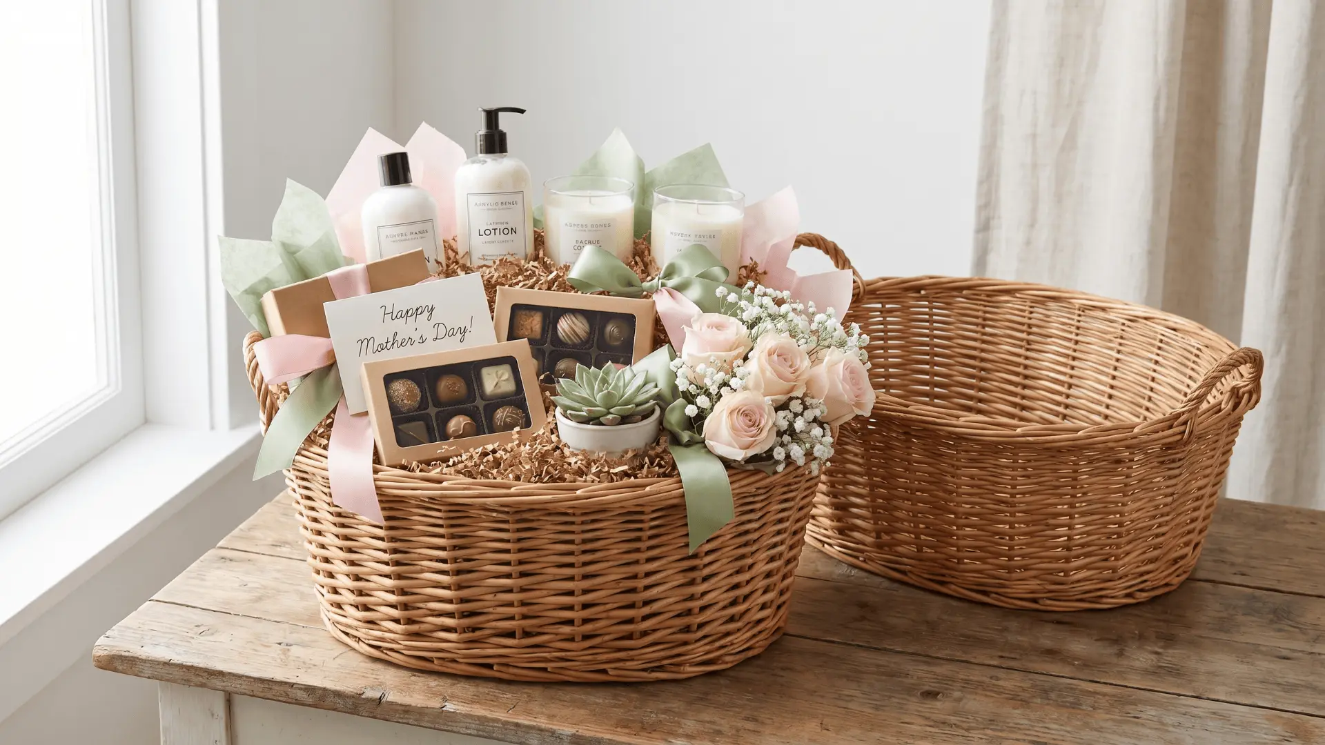 Mother’s Day gift basket with chocolates, candles, lotions, roses, and a card, placed beside an empty woven basket on a wooden table.