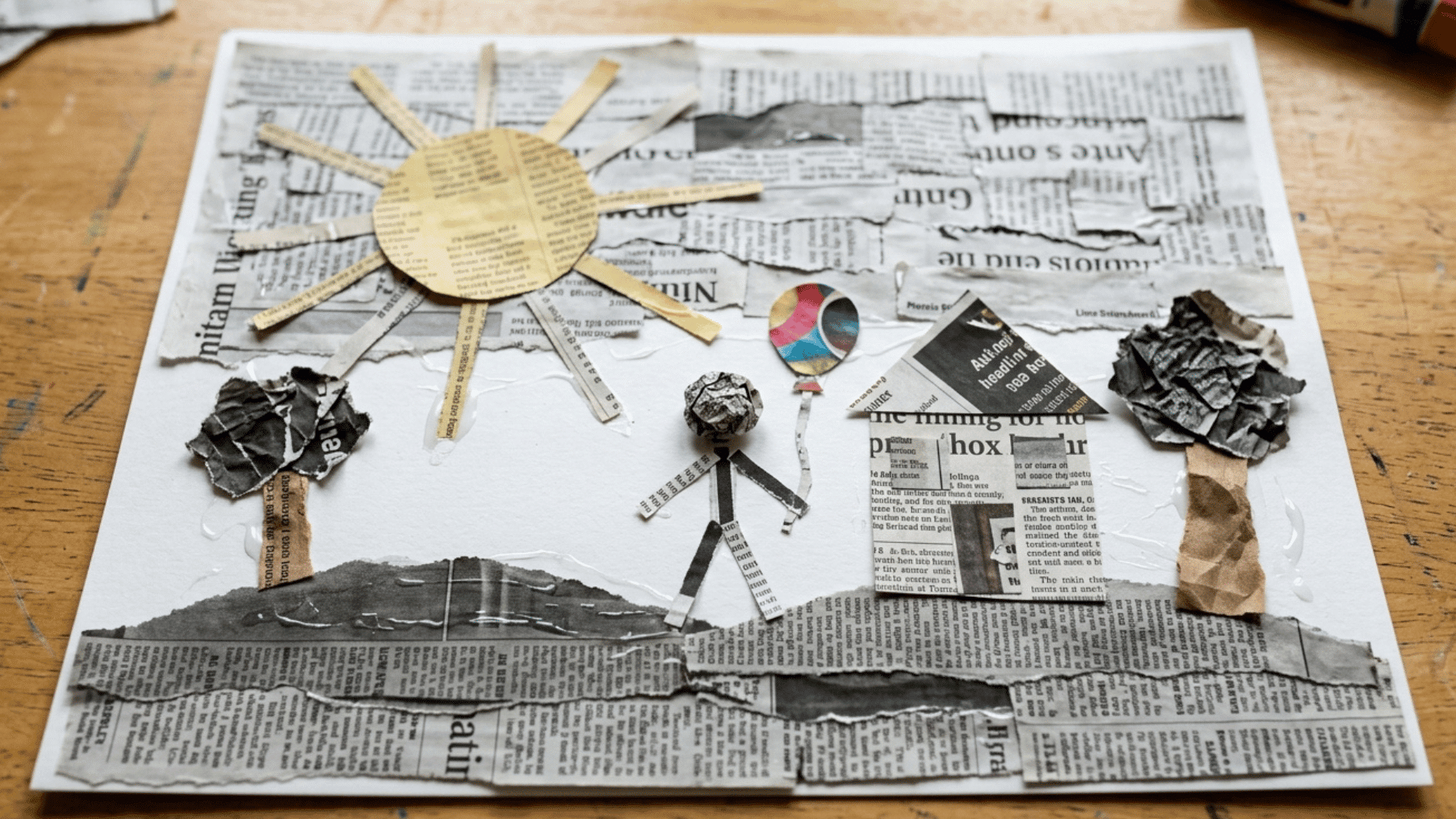 newspaper collage art showing sun, house, and trees made with torn paper.