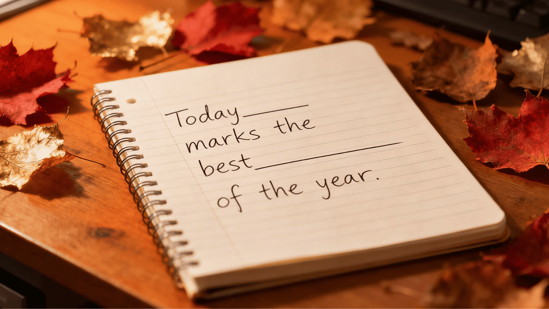 notebook with “today marks the best of the year” message, surrounded by autumn leaves on a cozy thanksgiving table