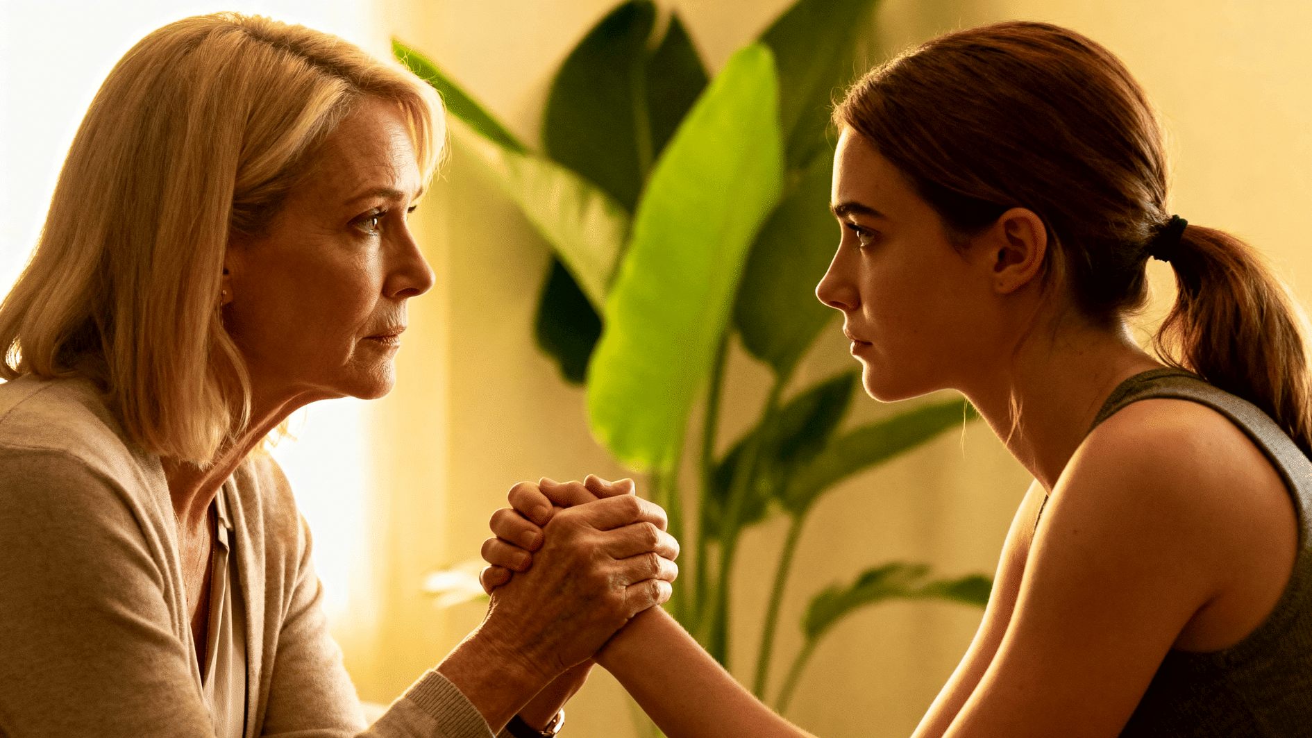 older woman and younger woman hold hands in intense conversation, showing emotional support, conflict resolution, and healthy boundaries