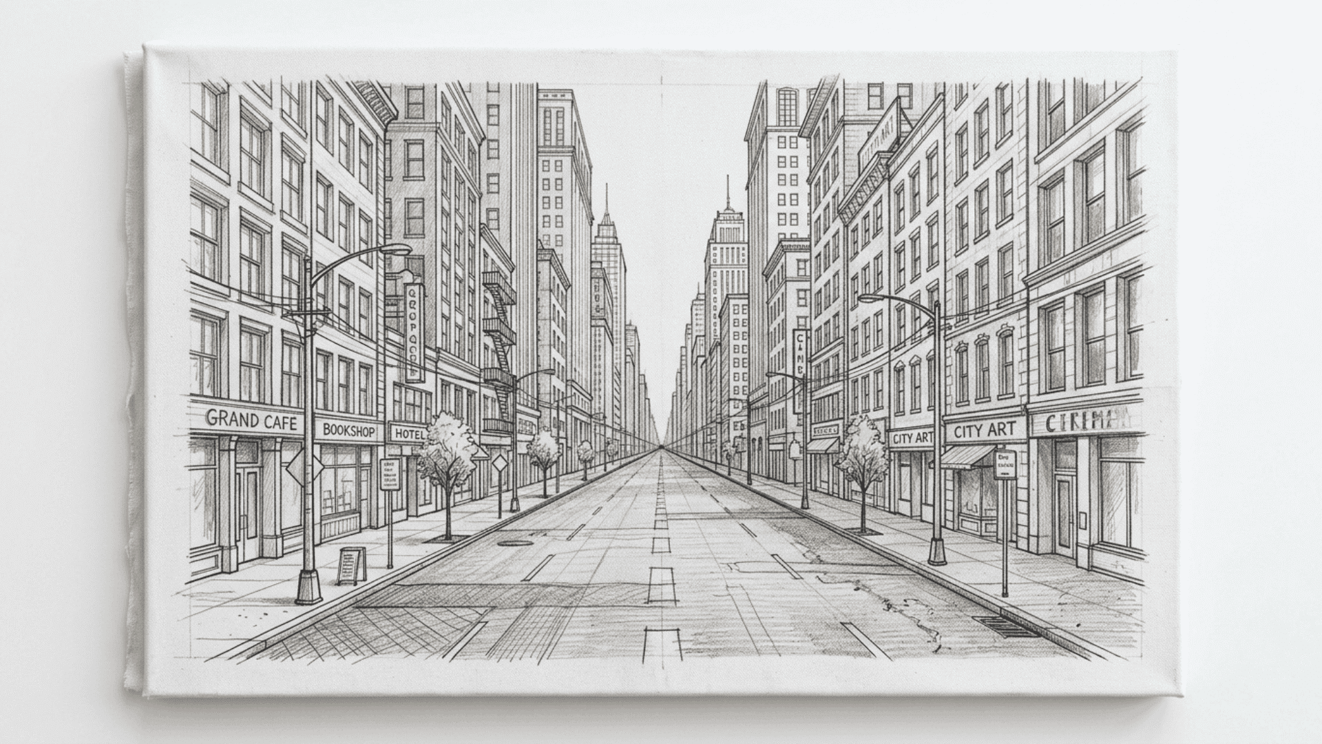 one point perspective city drawing with detailed buildings and roads converging at a vanishing point on white canvas