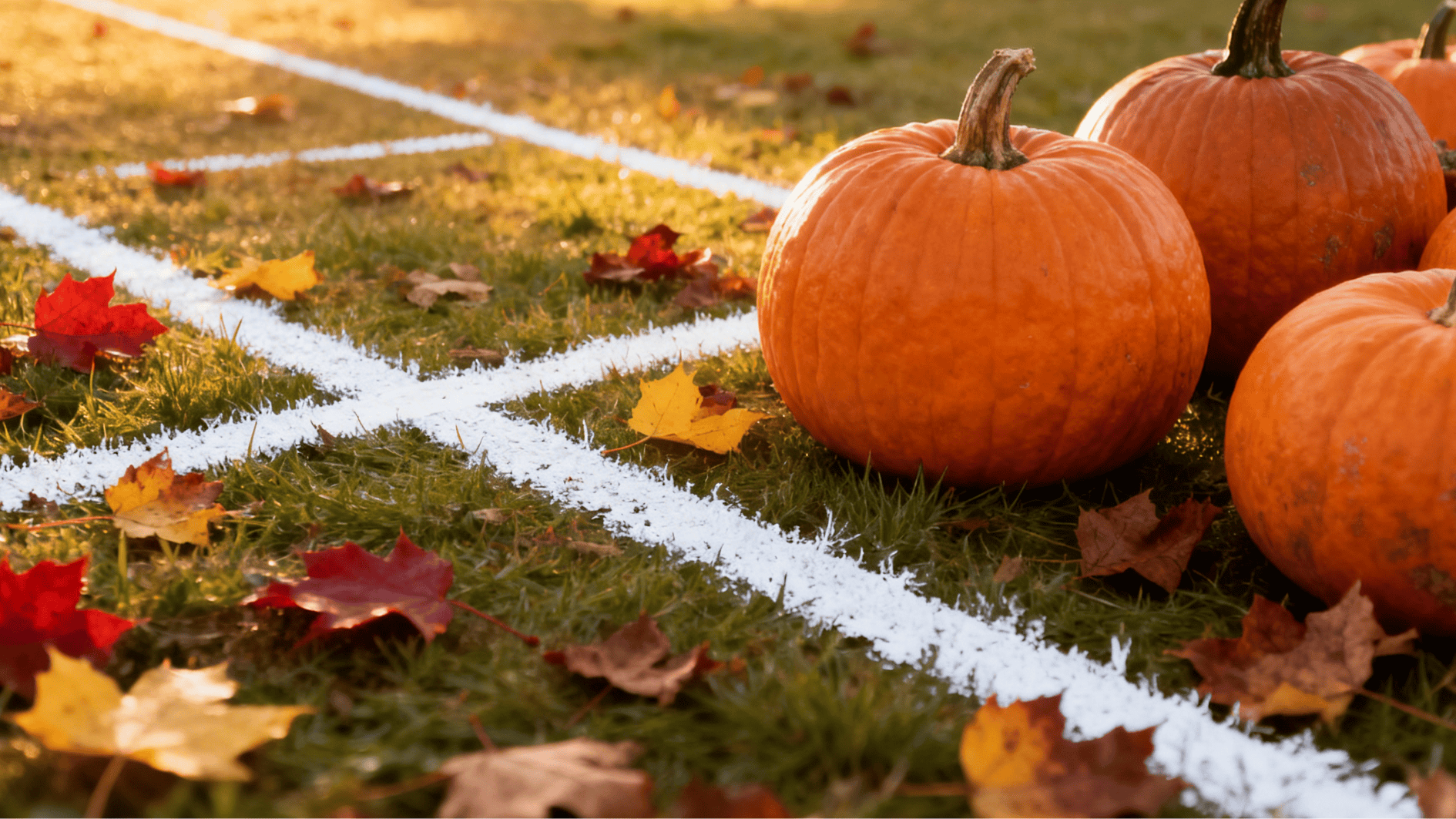 outdoor tic-tac-toe game drawn on grass with pumpkins and fall leaves, ideal for a festive thanksgiving activity