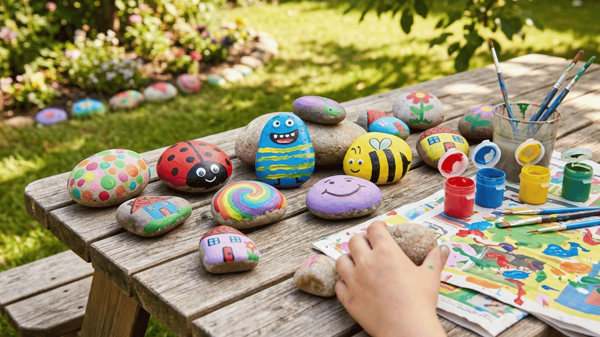 painted rocks with colorful designs and patterns placed outdoors.