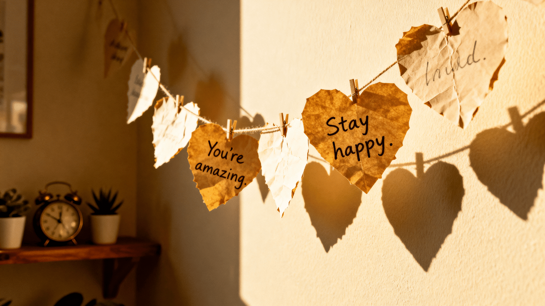 paper heart notes clipped to string with messages like “you’re amazing” and “stay happy” in warm sunlight
