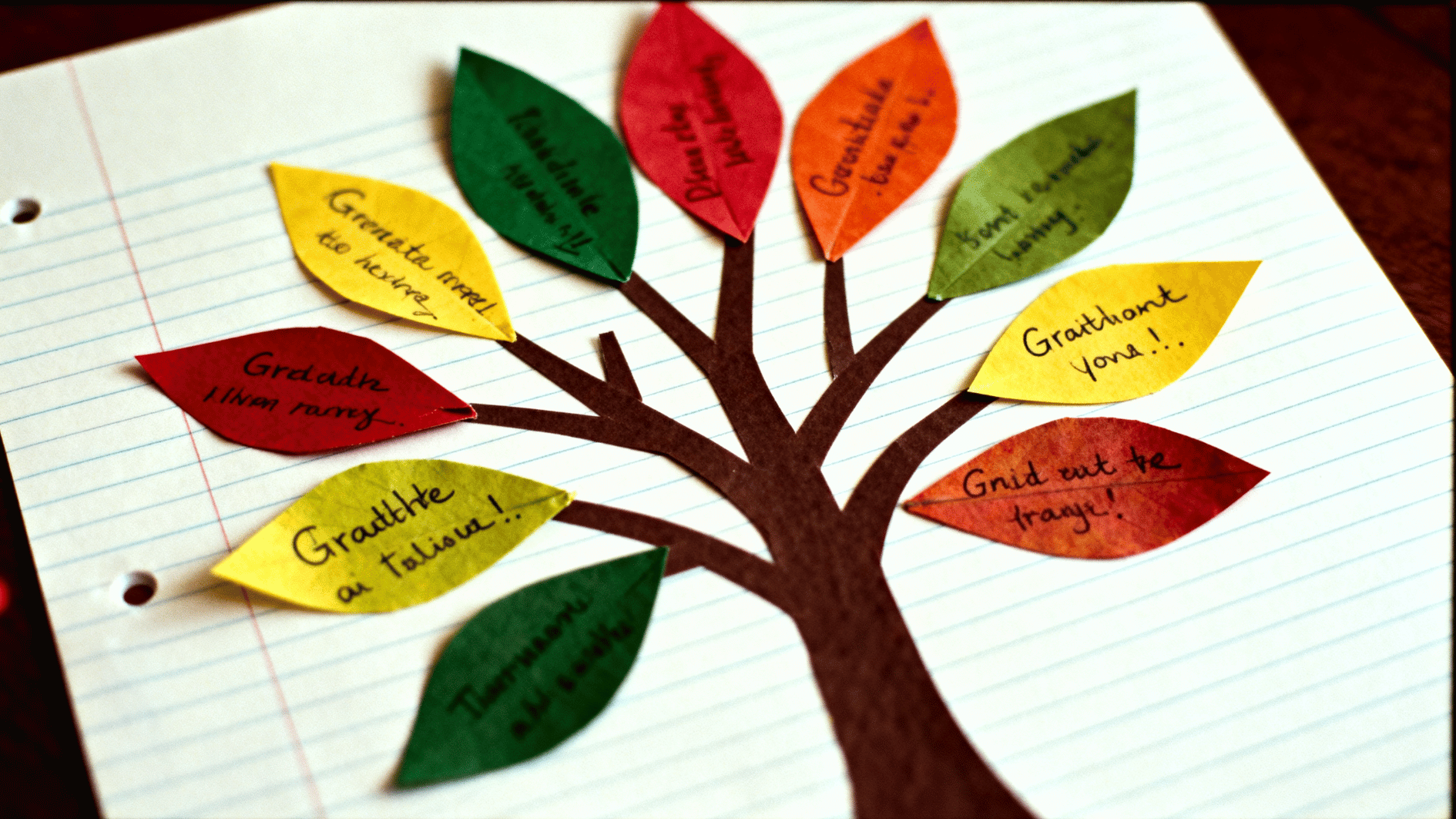 paper tree with colorful leaves, each labeled with gratitude messages, displayed on lined notebook paper