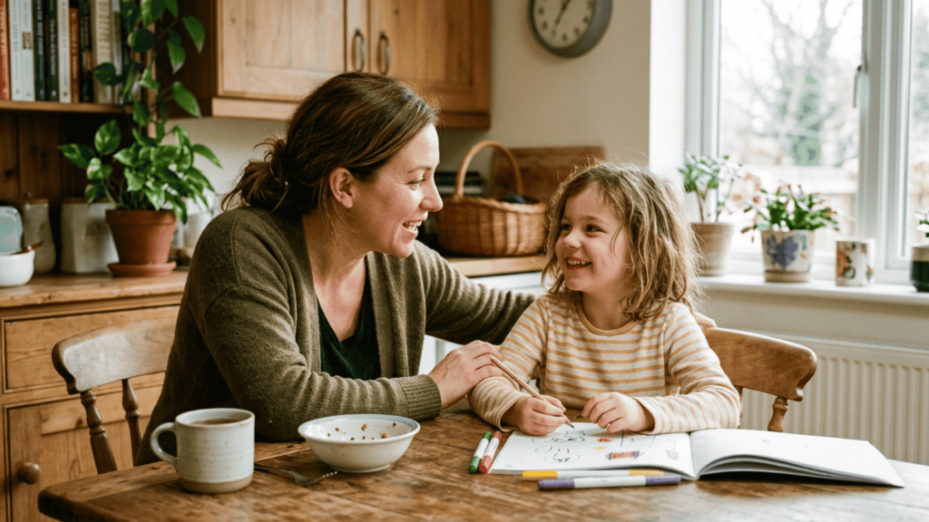 parent and child having a warm conversation at home about positive self talk for kids