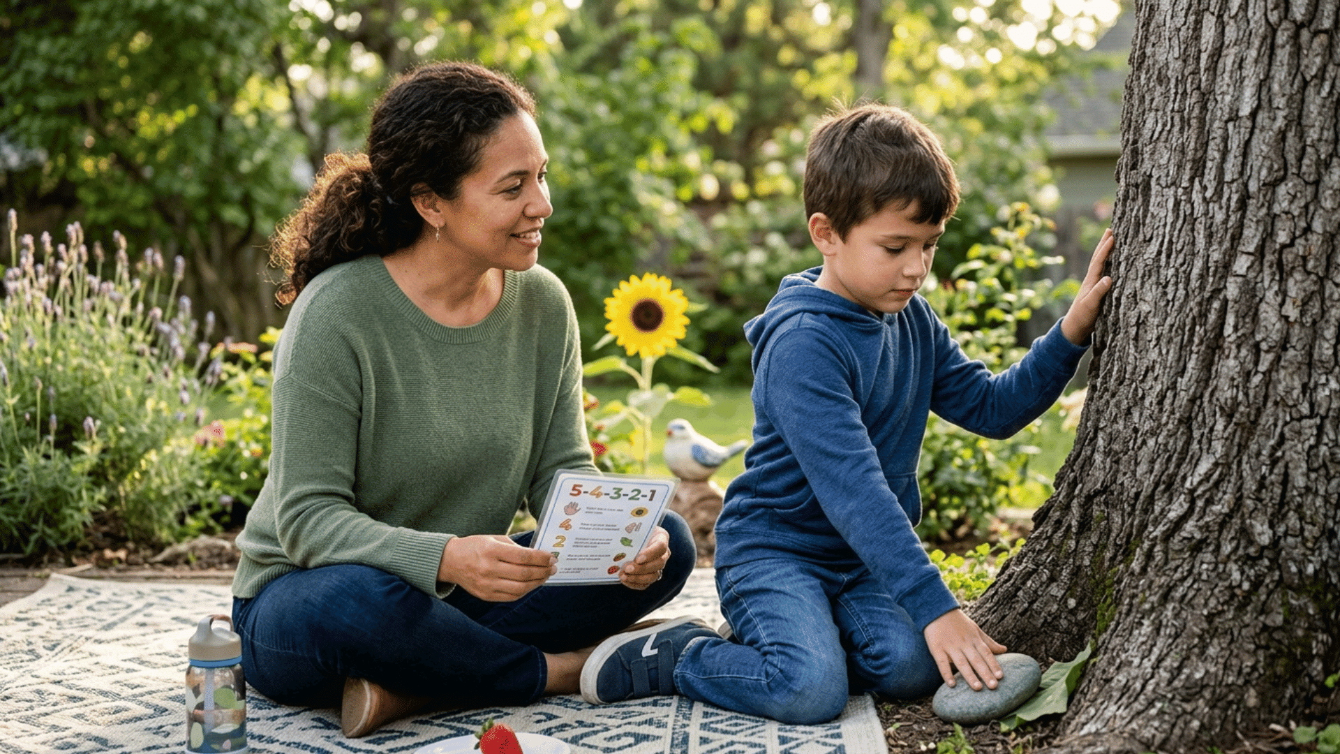 parent guiding child in 5-4-3-2-1 grounding exercise outdoors..