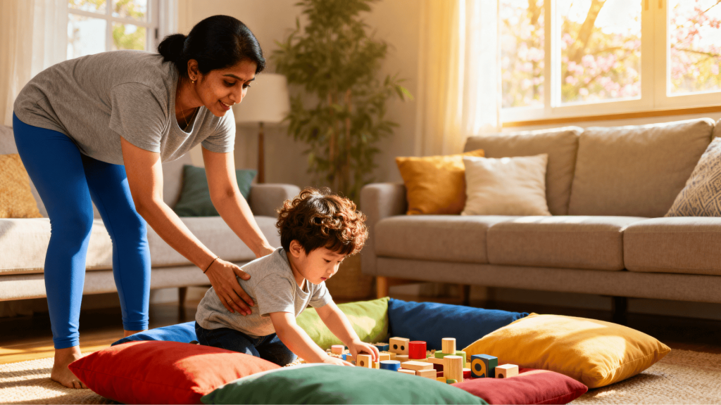 parent guiding toddler during sensory play with blocks and cushions, supporting development and regulation skills