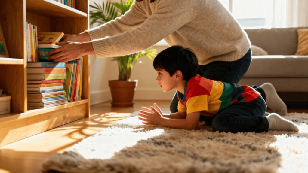 parent helping child organize books on a shelf at home, encouraging learning habits and early childhood development