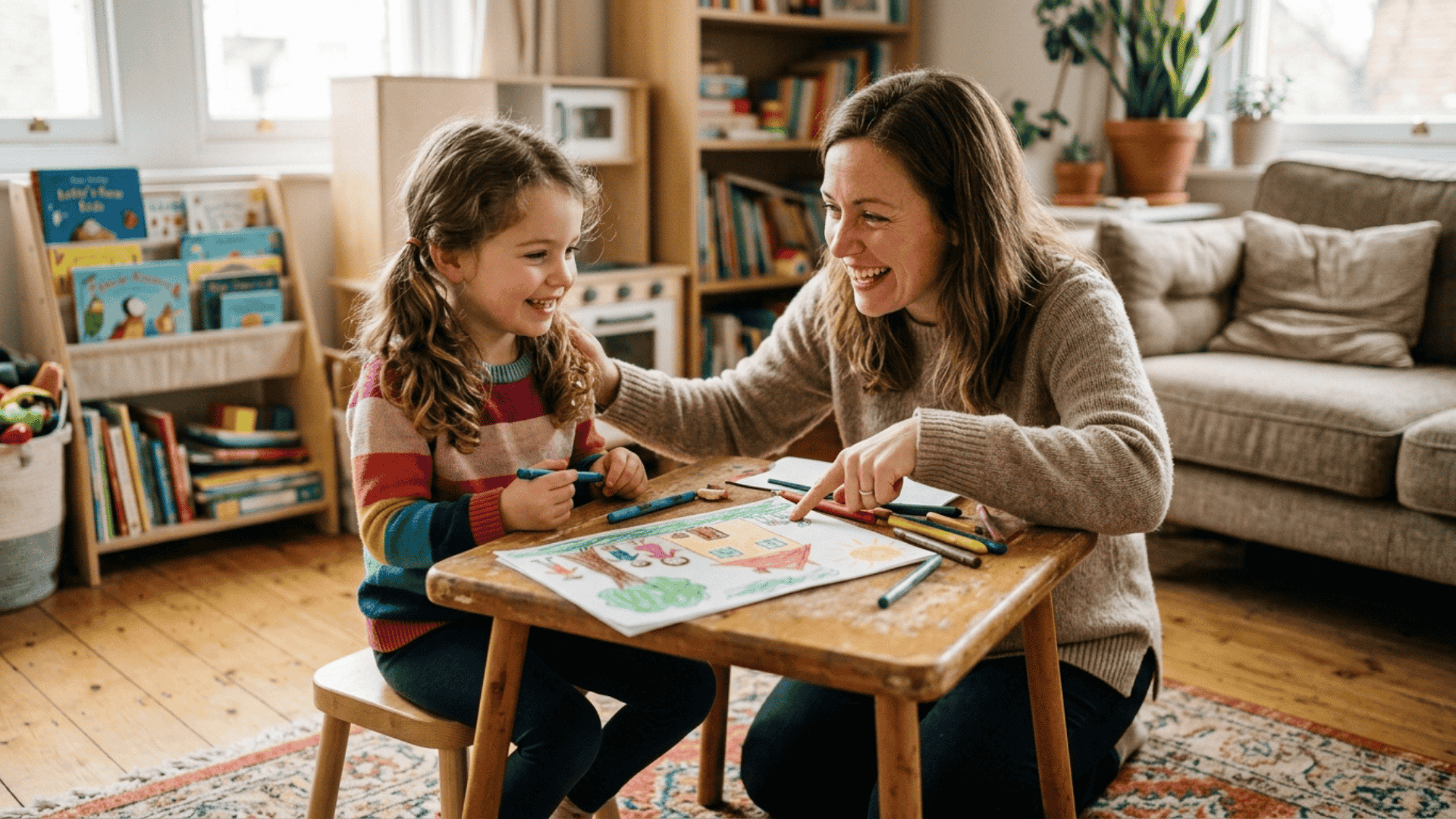 parent praising child's effort over results while looking at their child in a cozy home environment