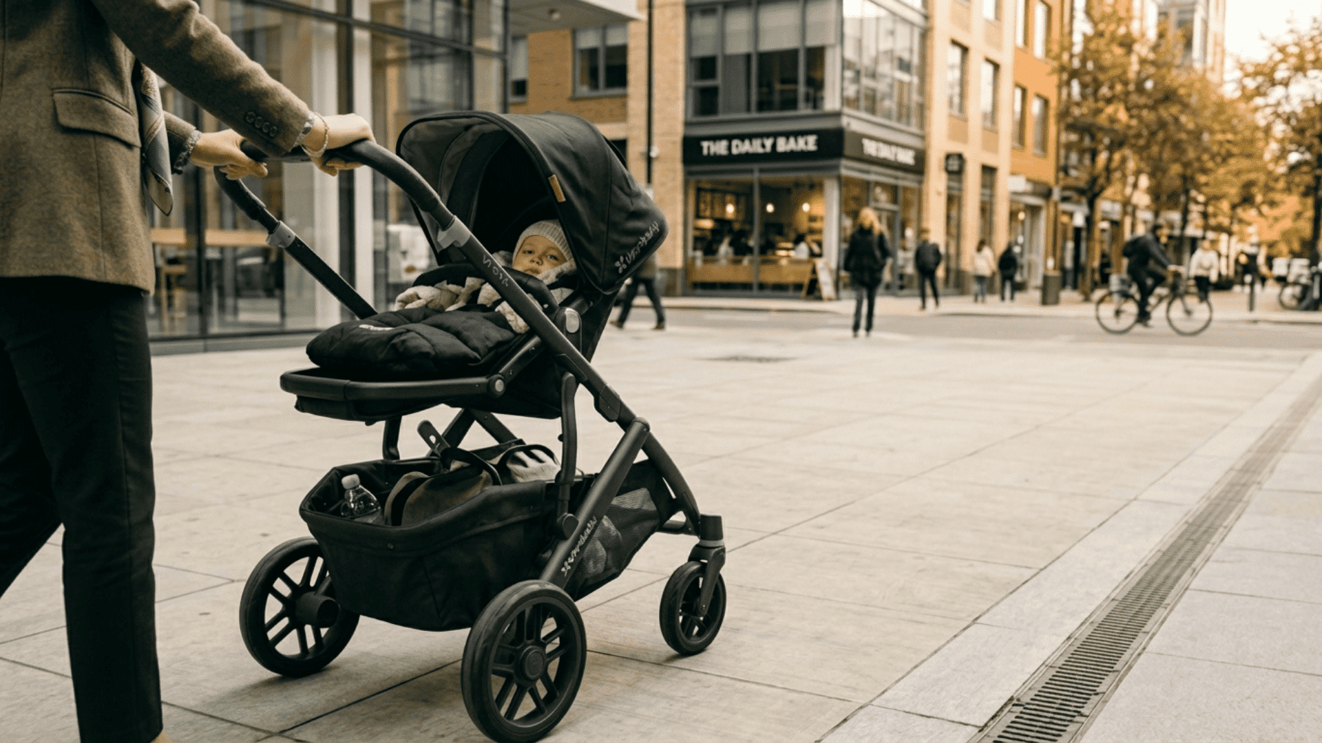 parent pushing a black stroller on a city sidewalk with a baby inside and items stored in the basket below