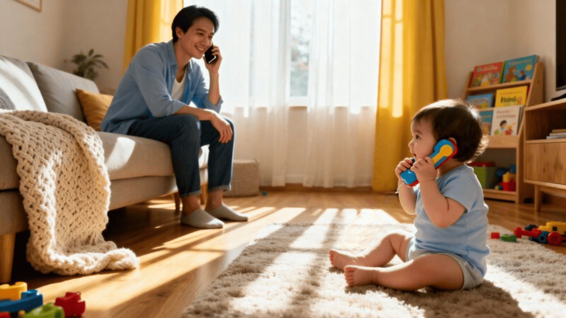 parent talking on phone while baby plays with toy phone on floor, highlighting bonding and early communication development at home