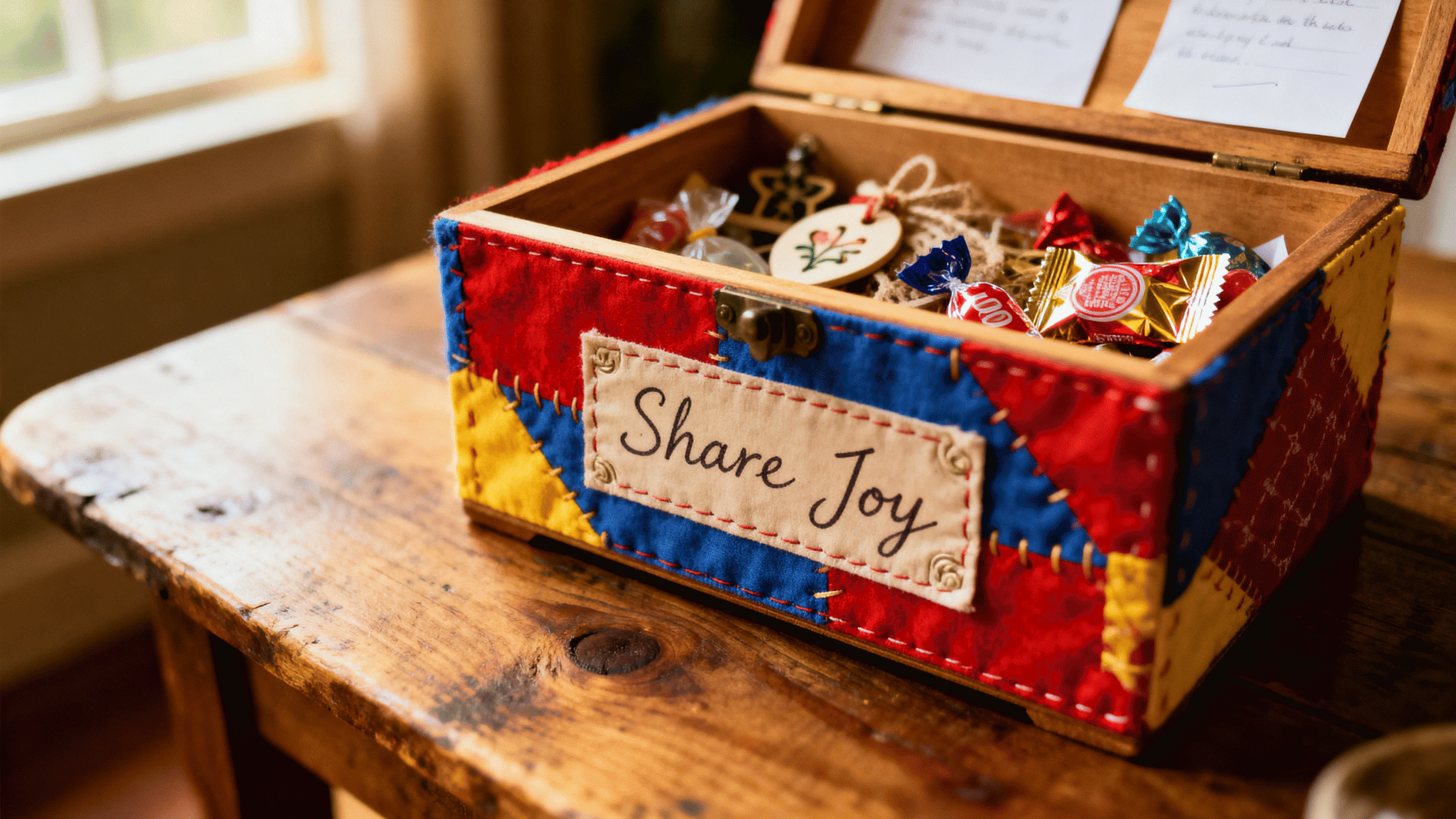 patchwork box labeled “share joy” filled with small gifts and treats, placed on rustic wooden surface