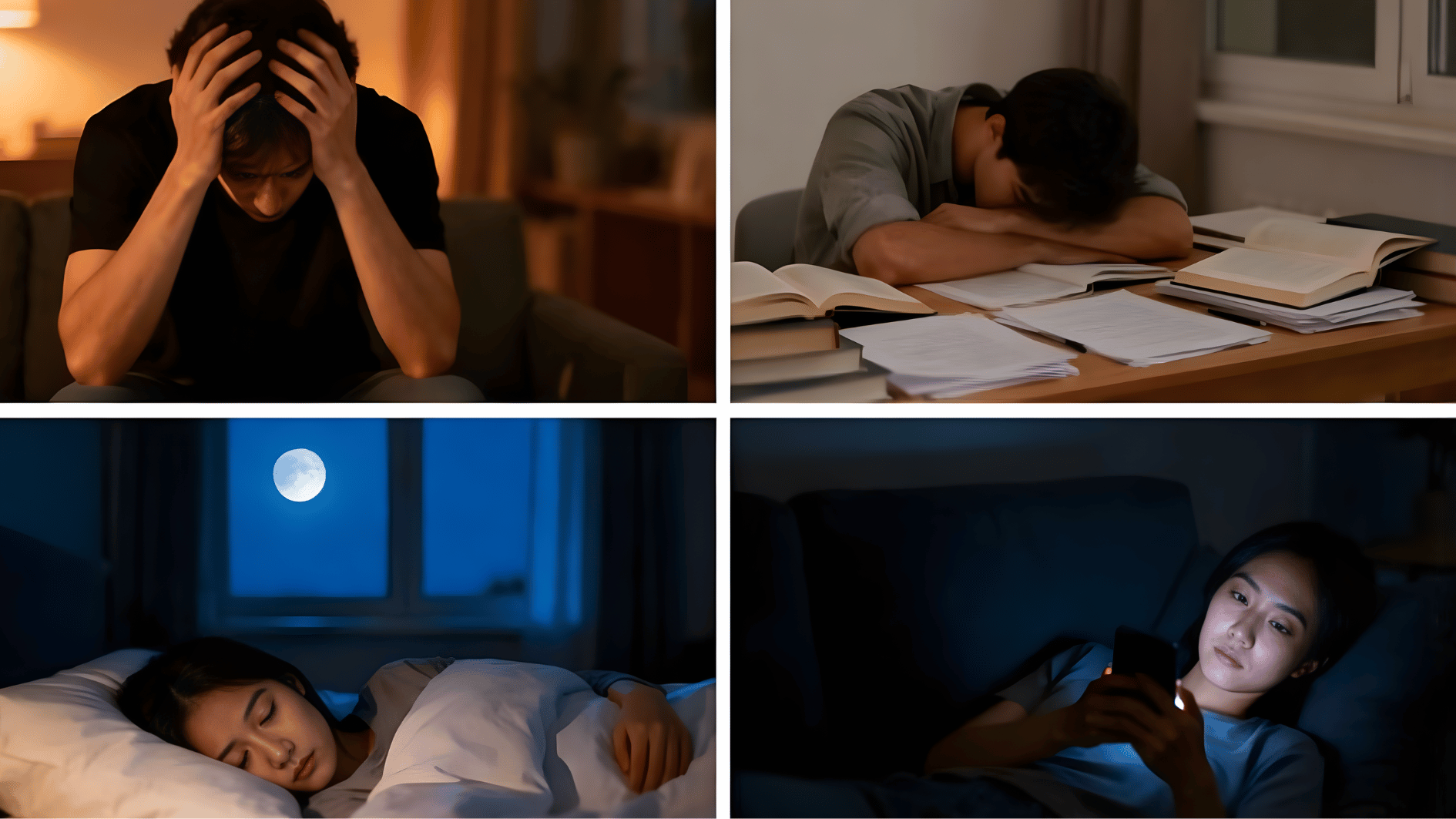 people experiencing stress, exhaustion, sleep, and phone use at night, highlighting mental health, burnout, and rest habits