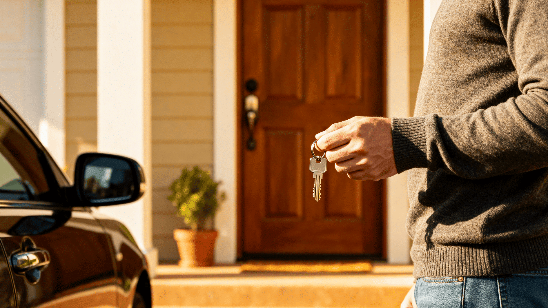 person holding house keys near front door and car, symbolizing ownership, independence, and setting financial or personal boundaries