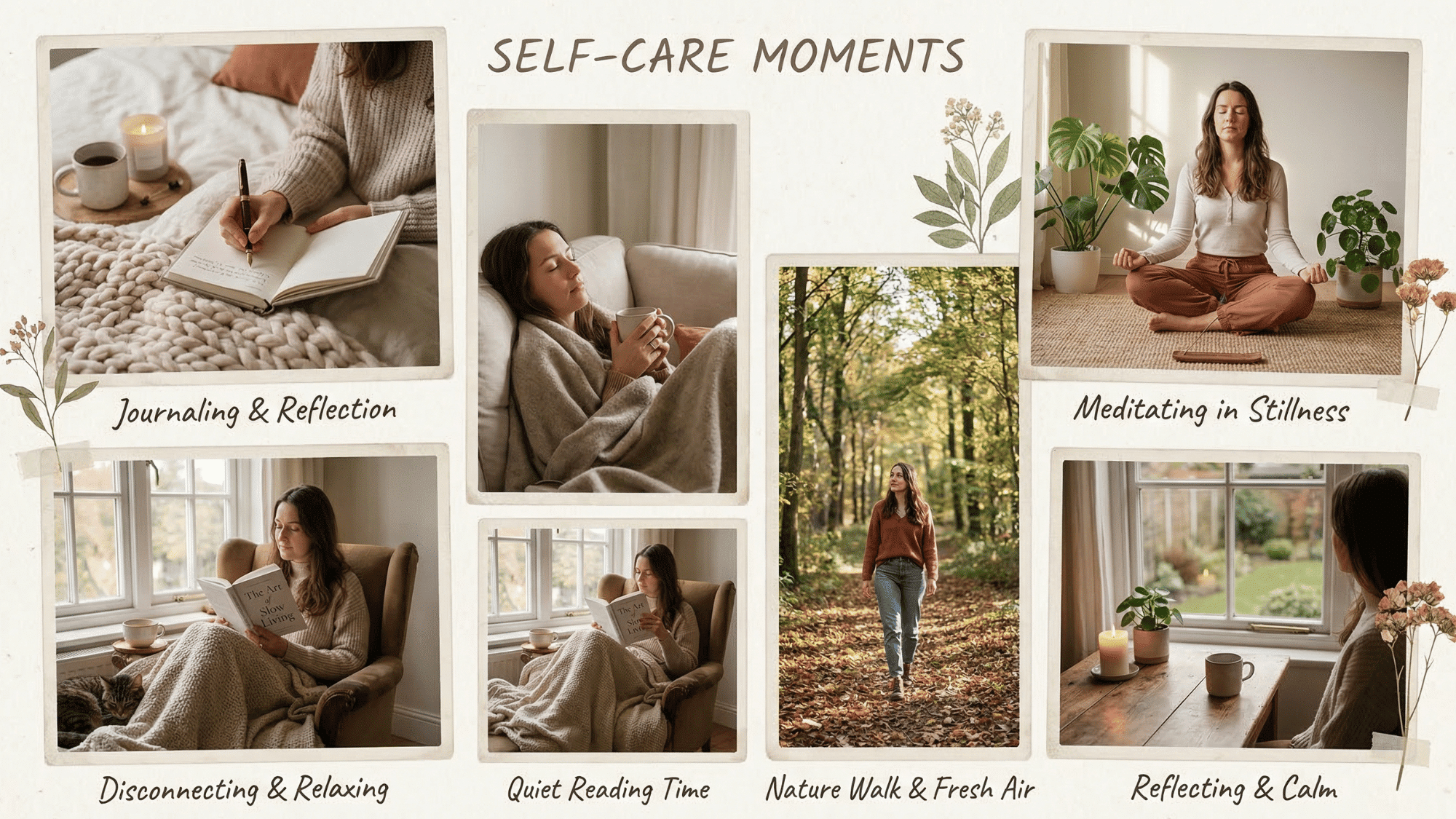 personal self care activities like journaling, nature walk, meditation, and relaxing at home