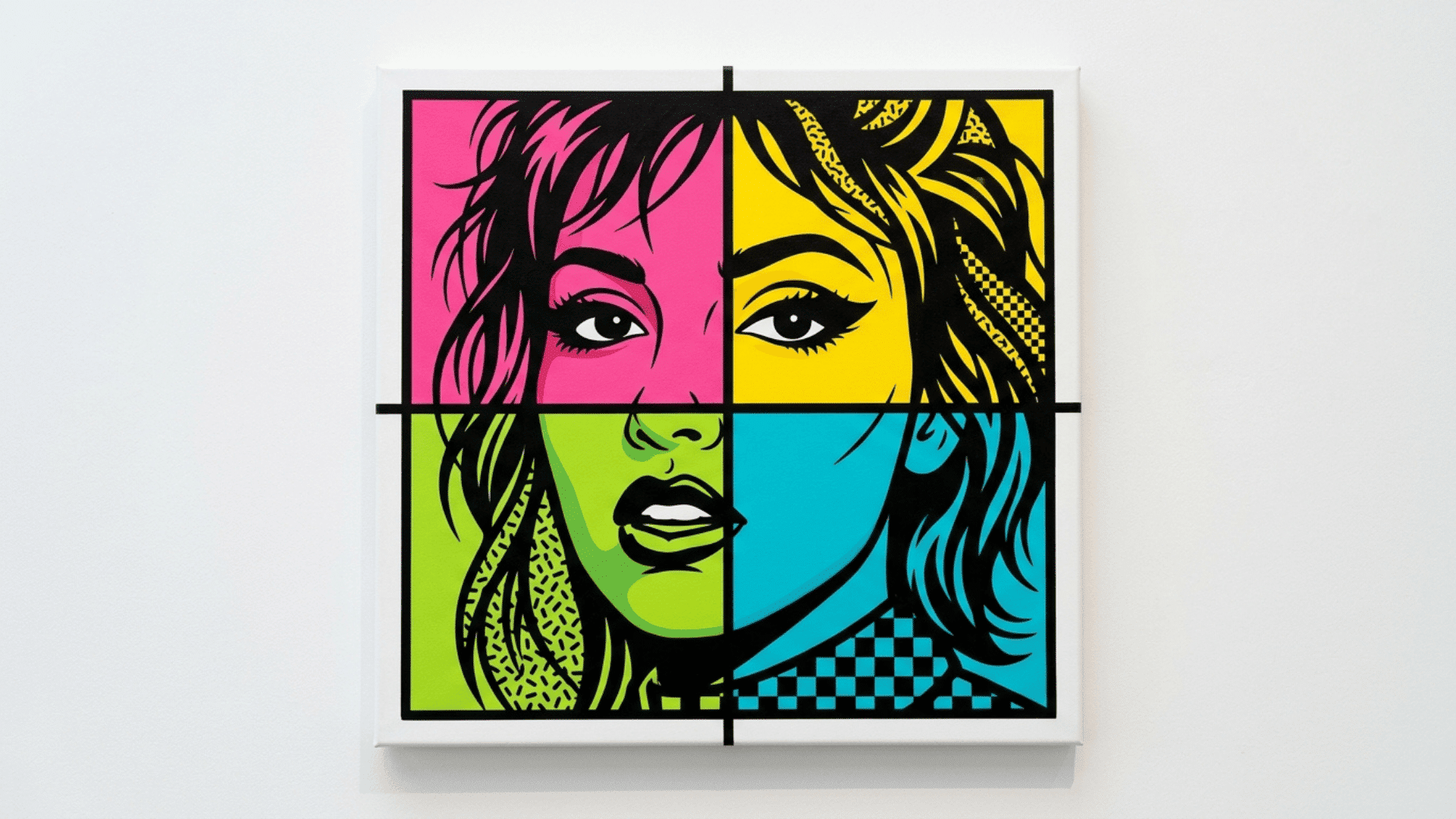 pop art portrait on a front facing canvas divided into four color blocked panels with bold flat colors and black outlines