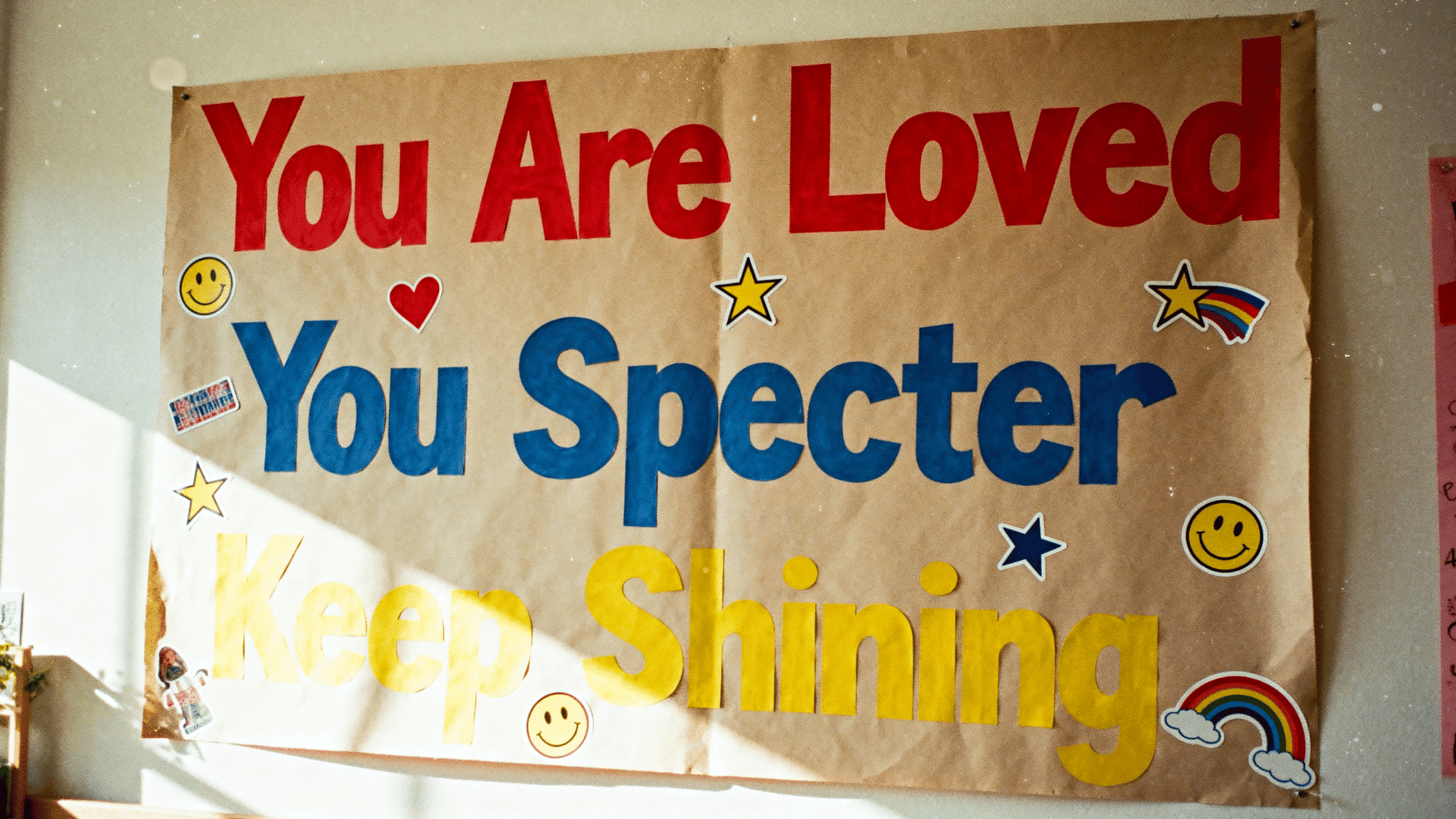 poster reading “you are loved you specter keep shining” decorated with stars, hearts, and smiley stickers