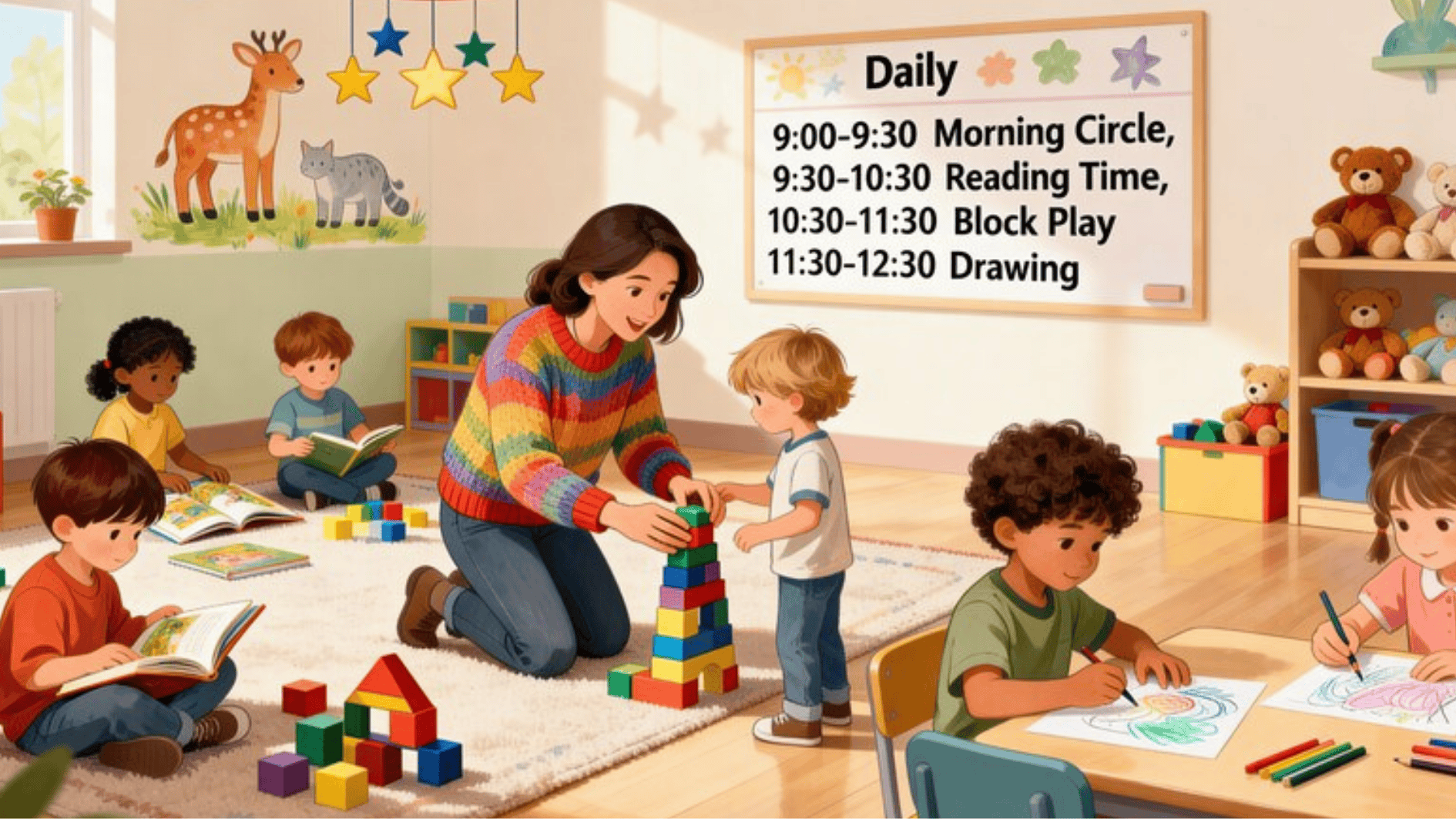 preschool classroom with teacher guiding kids in activities like reading, drawing, and block play following a structured daily schedule