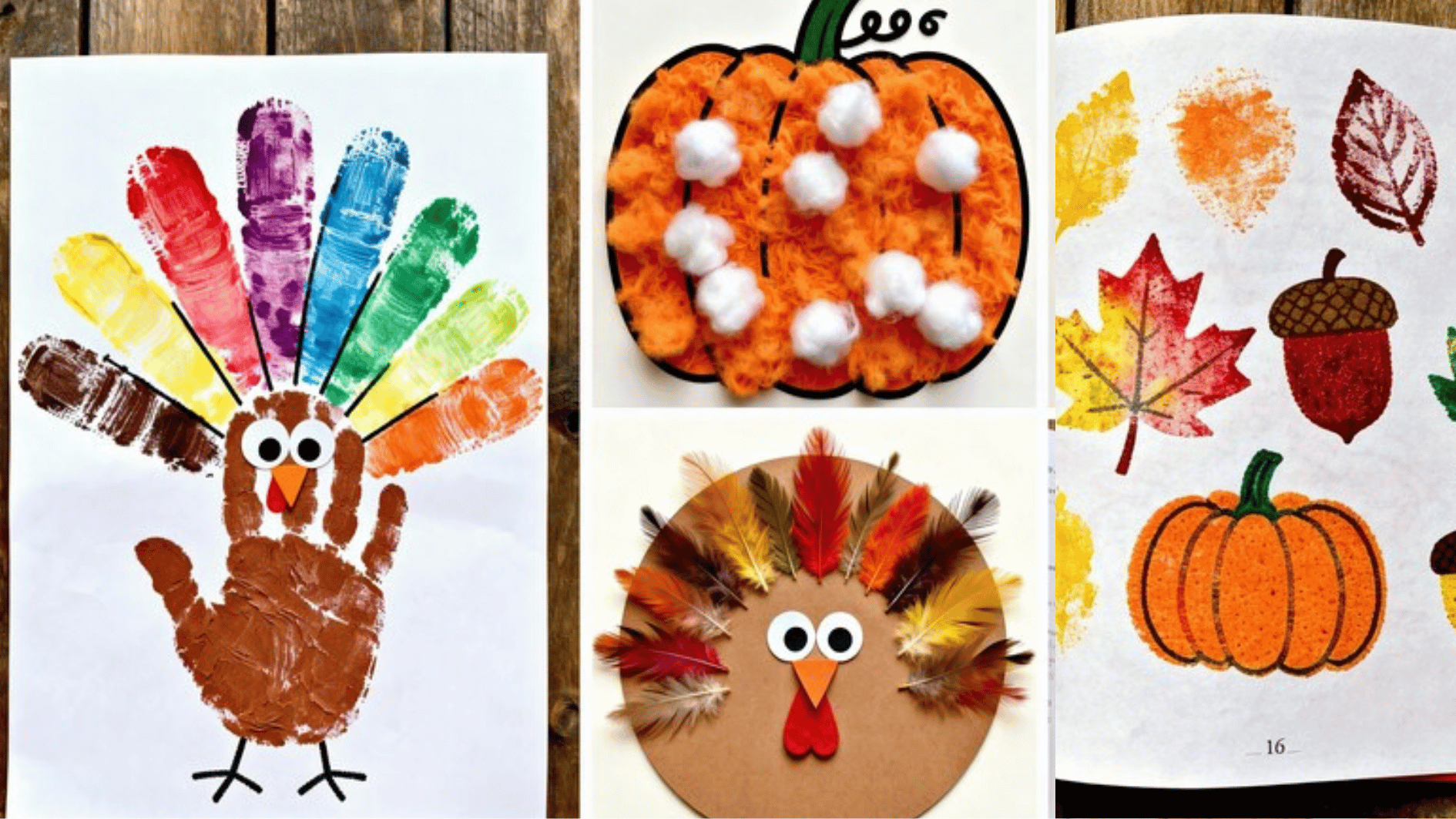 pumpkin craft ideas with paint, cotton balls, and feathers along with turkey artwork for engaging fall kids activities