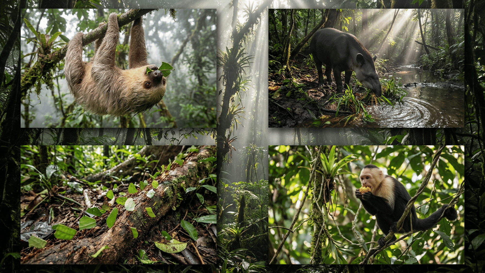 rainforest primary consumers feeding on plants including sloth eating leaves, tapir grazing, ants carrying leaves, and monkey eating fruit