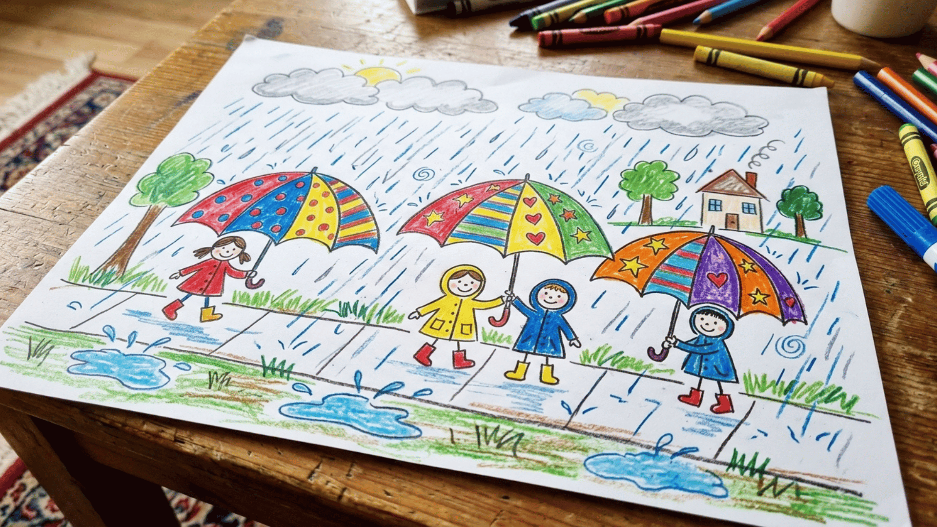 rainy day umbrella drawing with kids, clouds, and colorful umbrellas.
