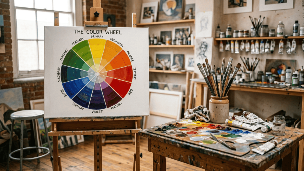 realistic artist studio with color wheel paint palette and brushes showing color definition in art and use of color in artwork