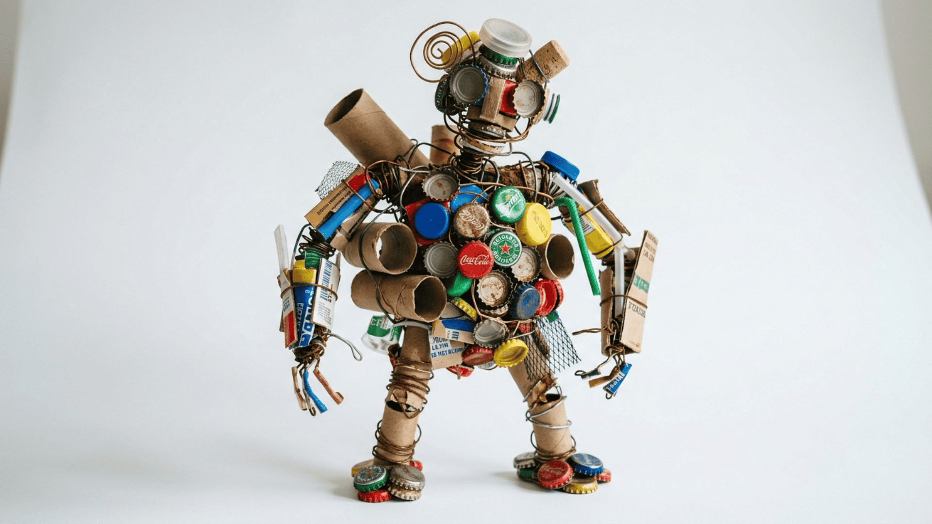recycled material sculpture made from cardboard tubes bottle caps and wire assembled into an abstract figure on white surface