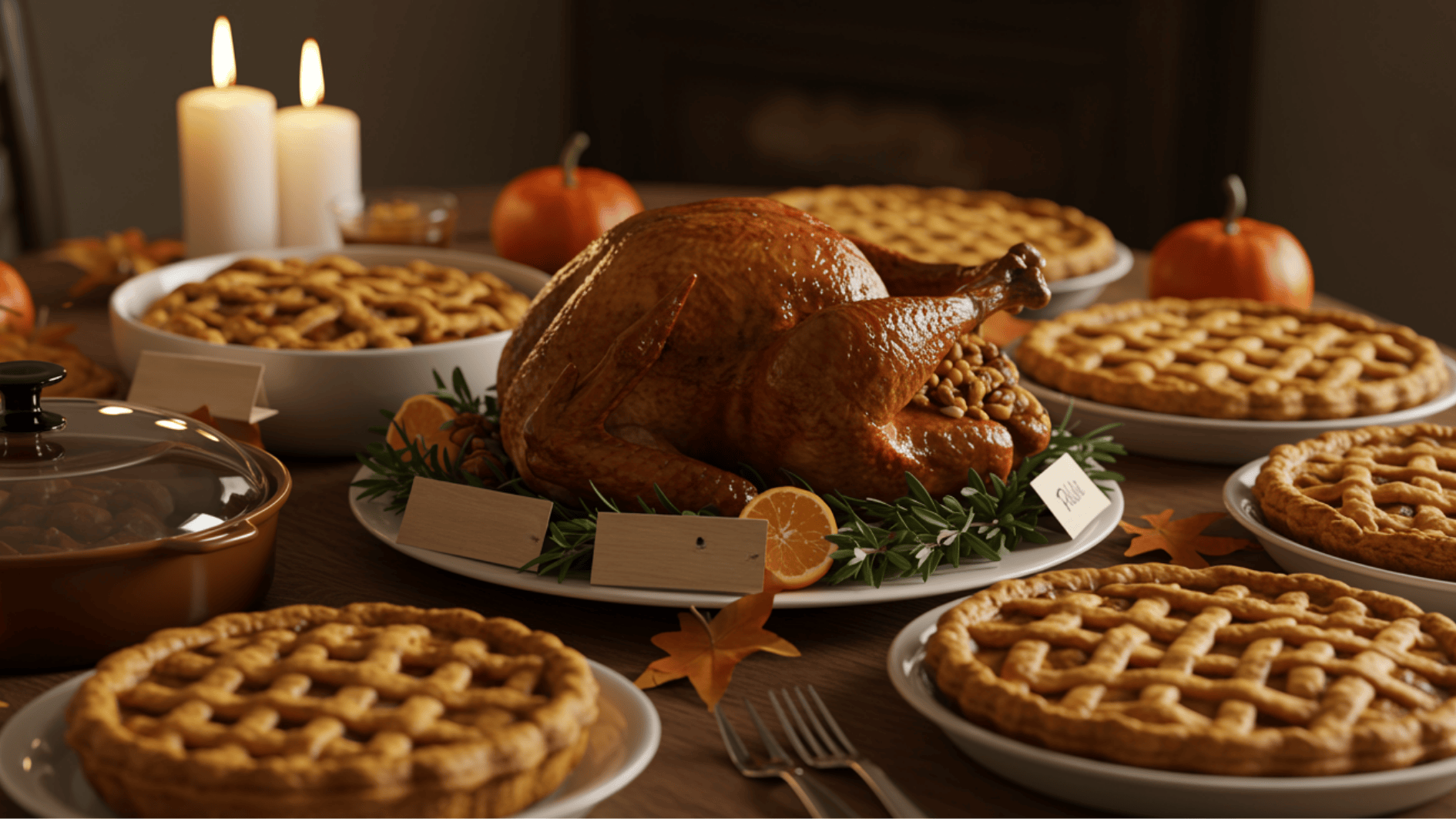 roast turkey centerpiece surrounded by pies, candles, and fall décor, creating a classic thanksgiving dinner spread