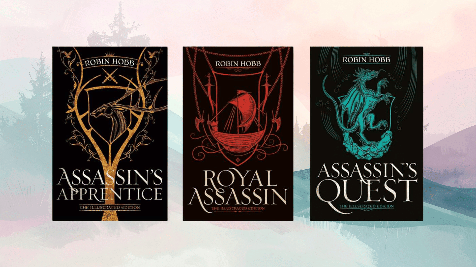 robin hobb assassin trilogy illustrated editions with elegant crest designs and dragon imagery on dark backgrounds