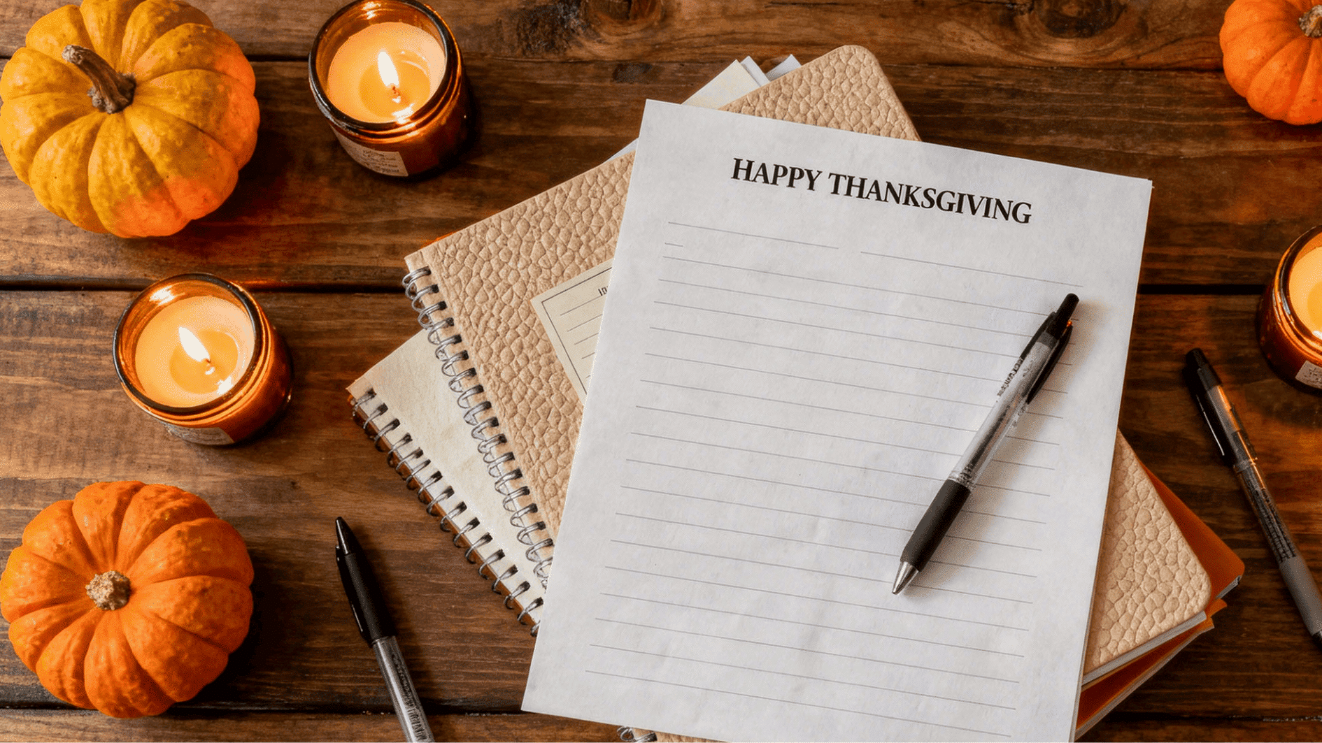 rustic desk with candles, pumpkins, and a “happy thanksgiving” sheet ready for writing notes or holiday reflections