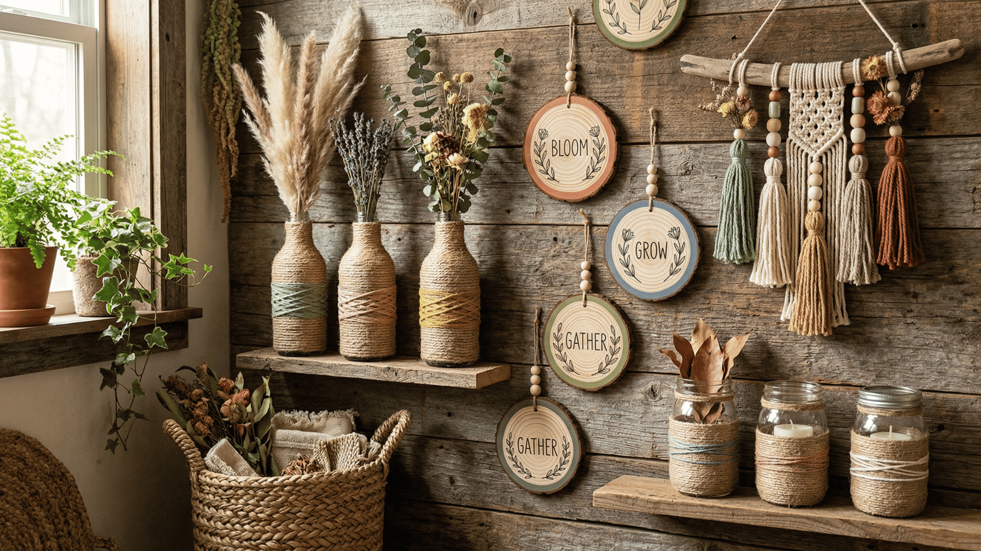rustic diy decor collage with rope vases, wood slices, twine jars, driftwood hanging and woven baskets