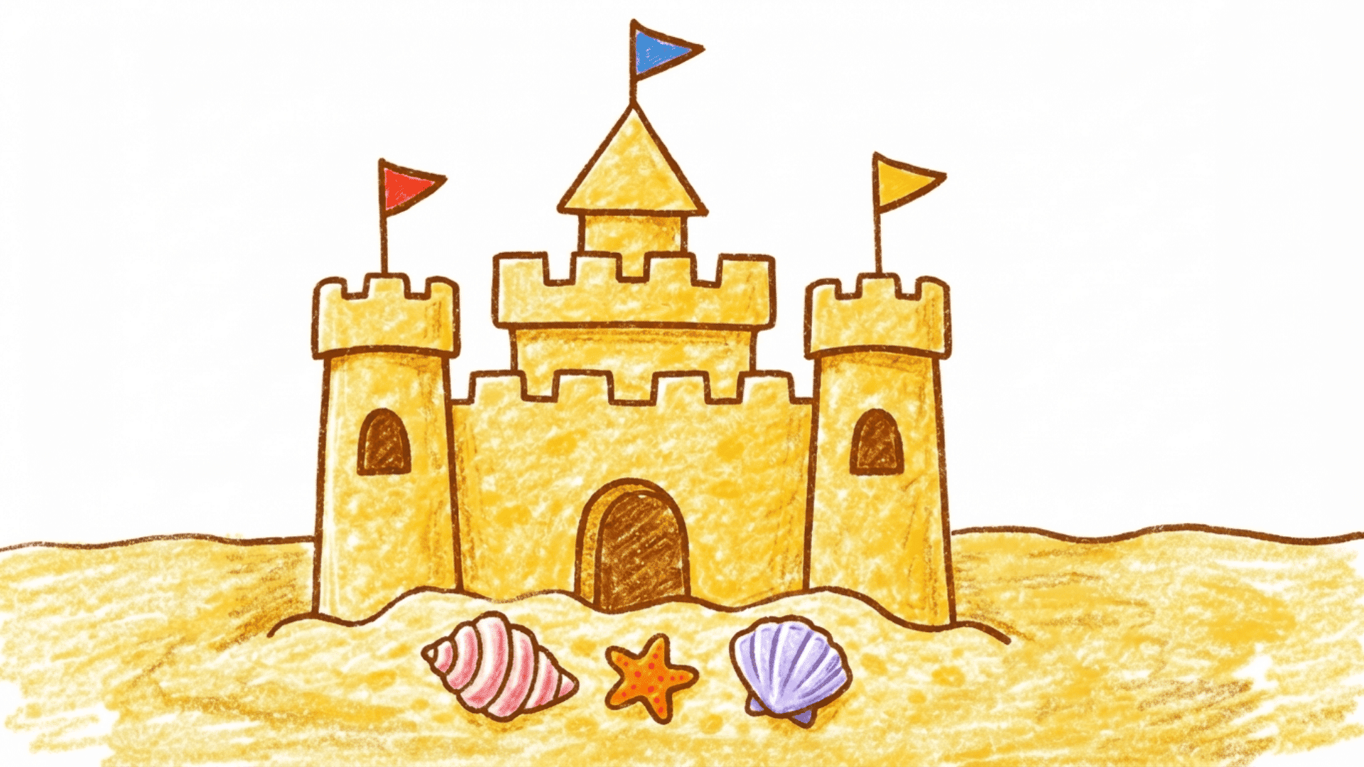 sandcastle kids drawing with round towers triangle flags arched doorways and shells at the base painted on a white canvas for summer drawing ideas