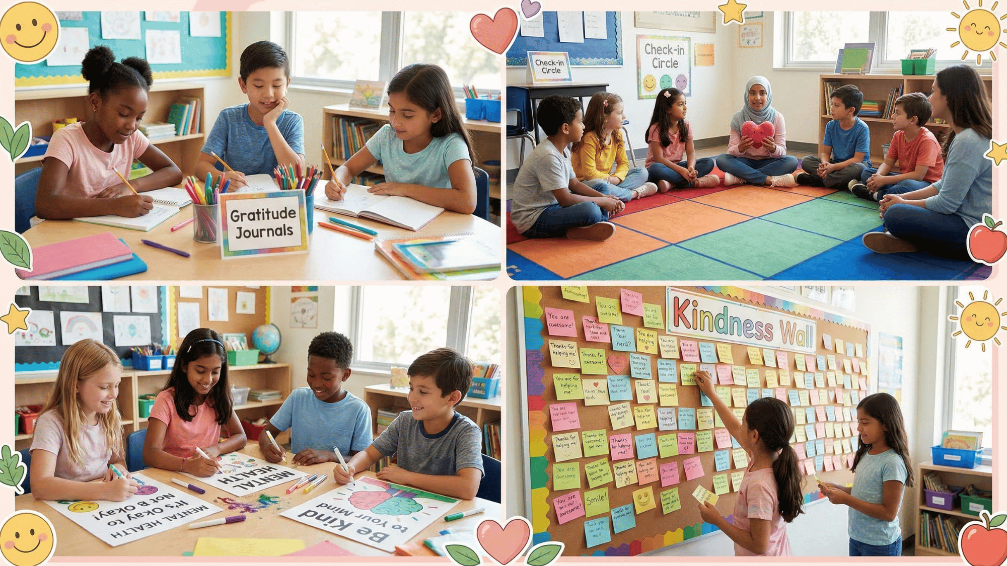 school students doing mental health activities like journaling, kindness wall, and classroom check-in