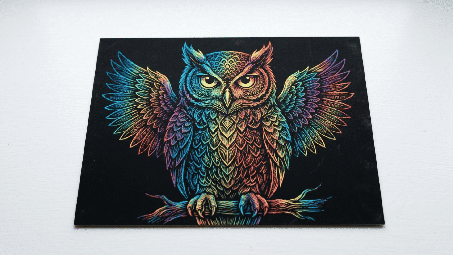 scratch art owl design on a front facing board with fine scratched lines revealing bright rainbow colors and feather detail