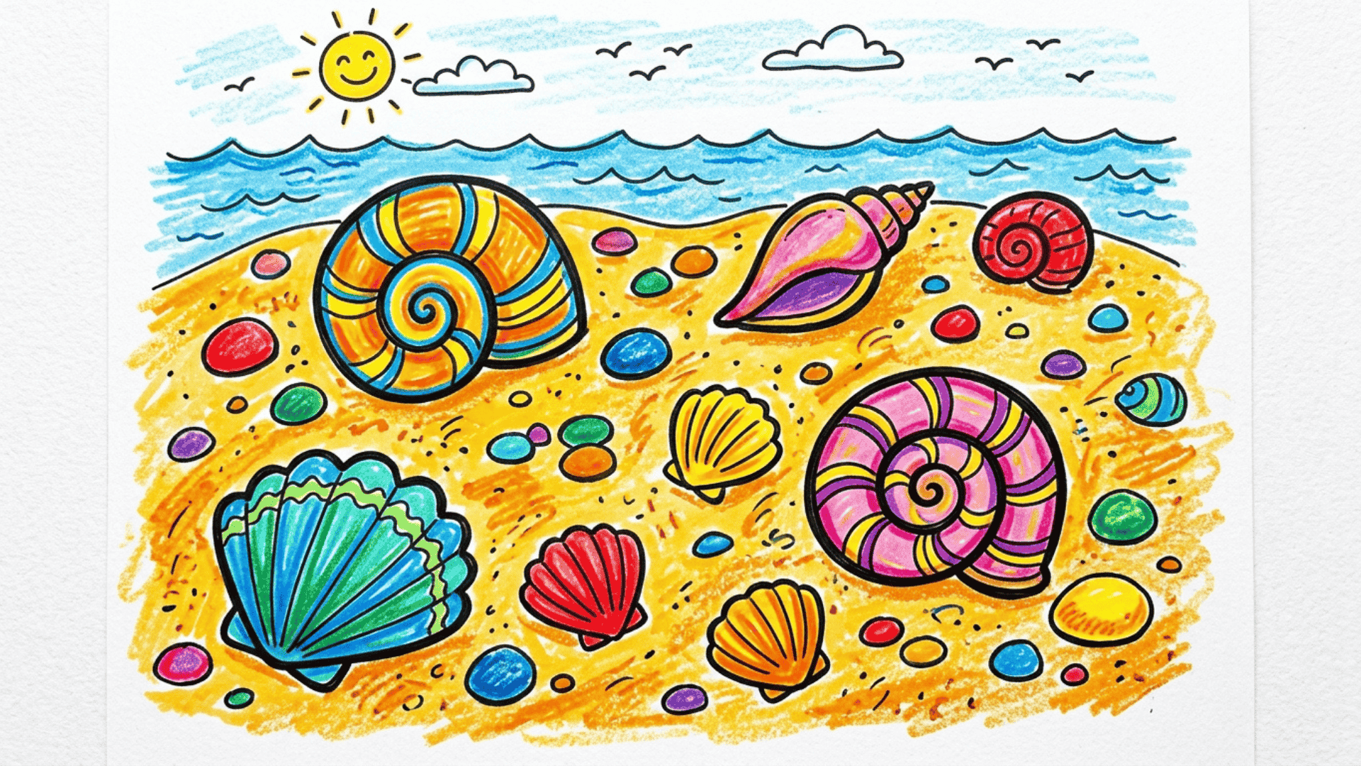 seashells scattered on sand kids beach drawing with bright spiral shells clam shapes and flat colors painted on a white canvas for beginners