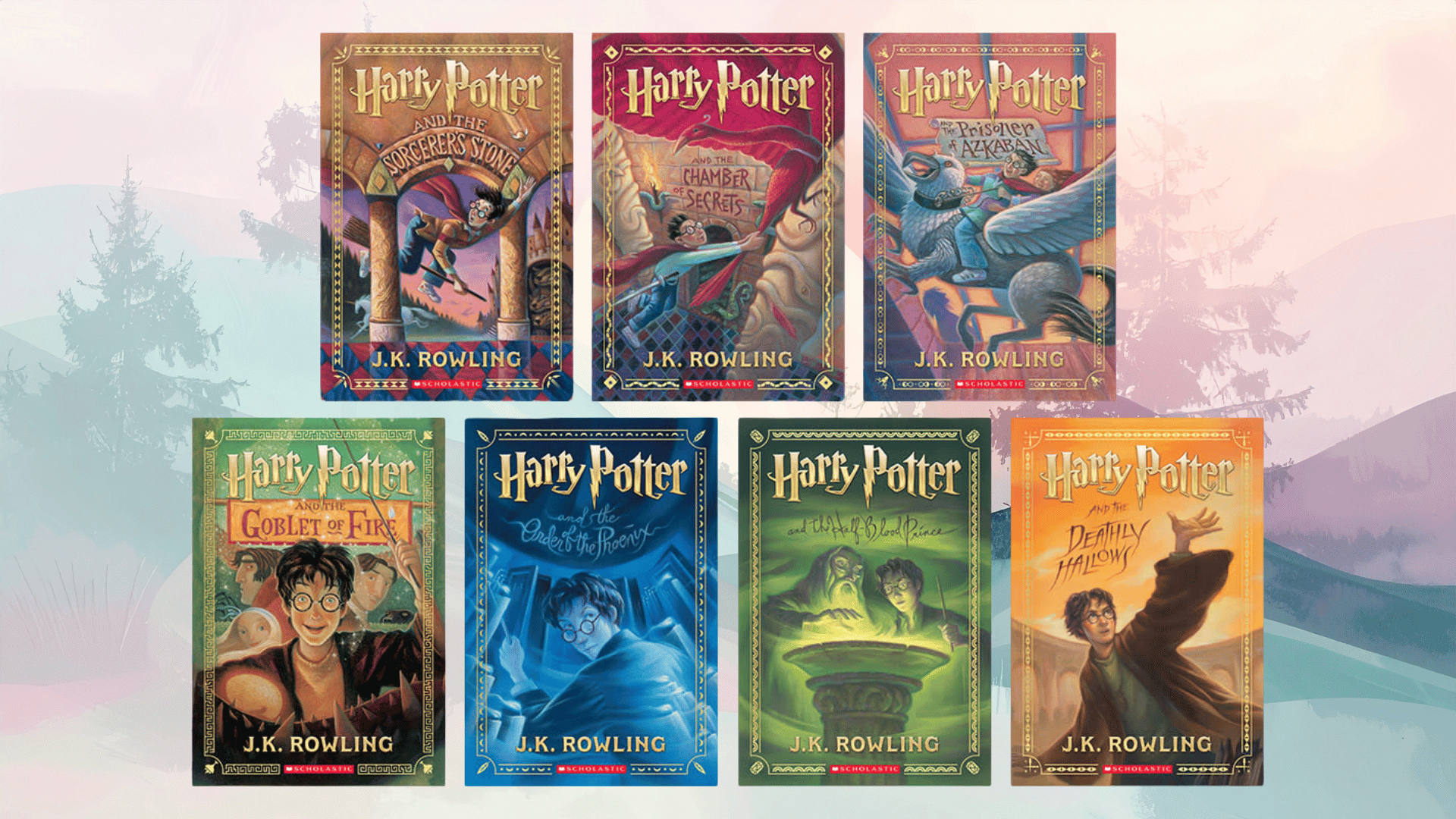 set of fantasy novels displayed in a grid, featuring illustrated covers with mystical elements, heroes, and epic fictional worlds