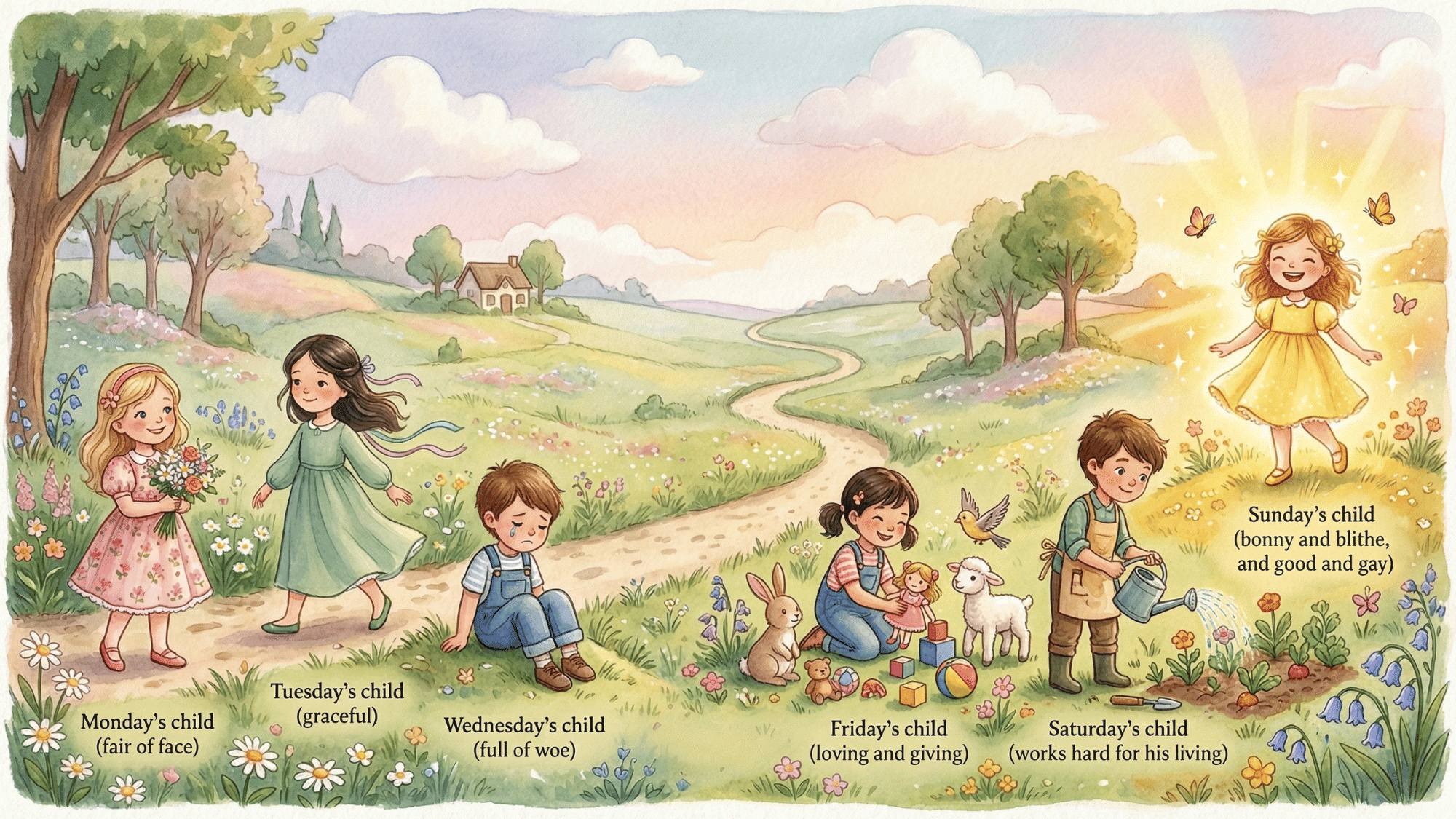 seven children representing each day of the week, each with different expressions (happy, thoughtful, hardworking), colorful cartoon style