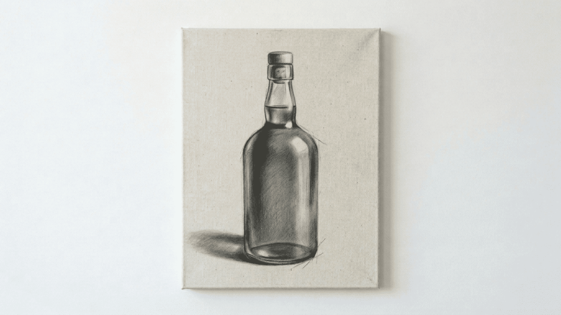 shadow tracing and shading art on a front facing canvas of a glass bottle with detailed pencil cross hatching